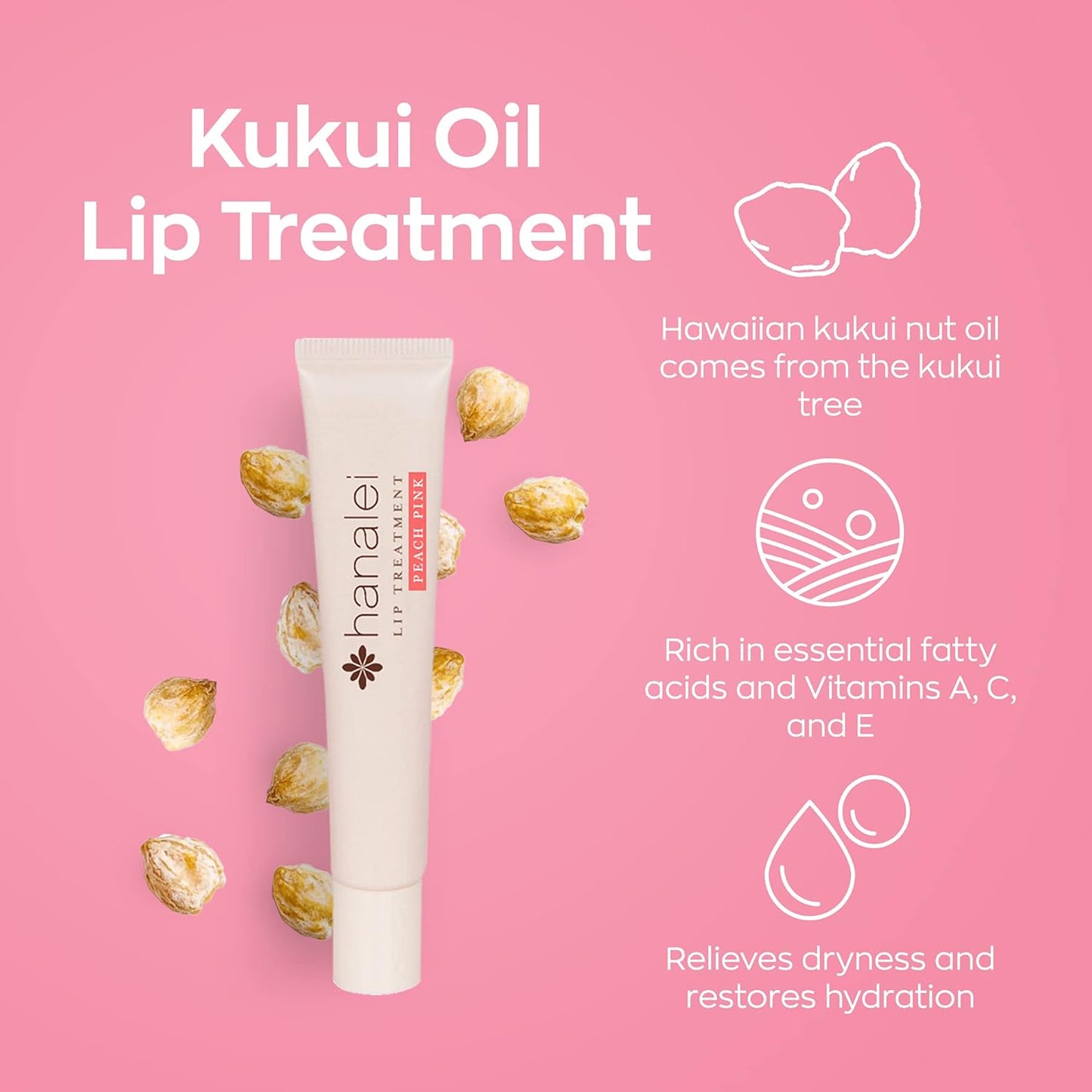 Hanalei Lip Treatment for Dry, Chapped Lips – Intensive Overnight Moisturizer with Kukui Oil, Shea Butter & Grapeseed Oil – Hydrating Balm for Healing Cracks – Peach Pink Tint, 15g – Cruelty-Free