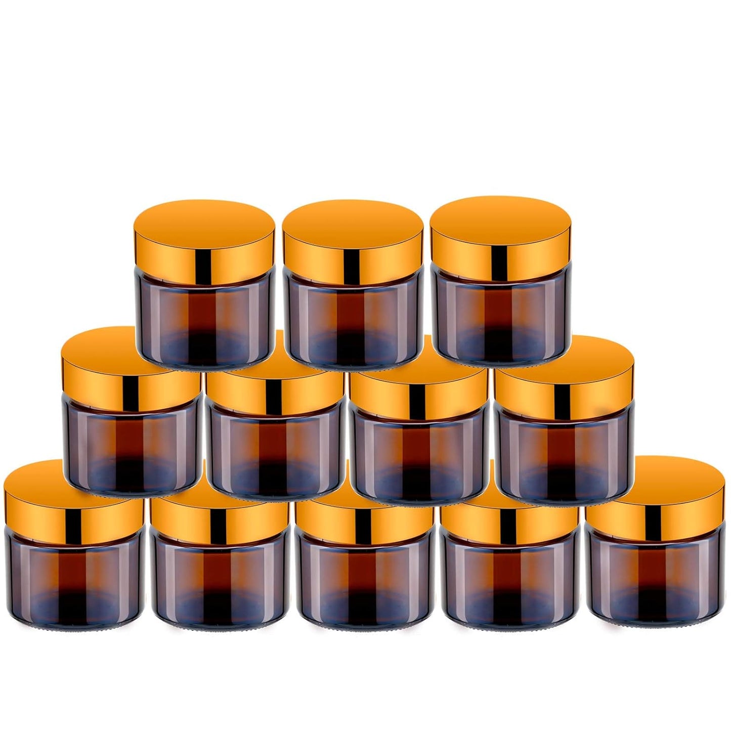 Lil Ray 2 Oz Glass Cream Jars with Gold Lid, Empty Amber Glass Containers, Refillable Cosmetic Vials for Lotion, Ointment (12 PCS)