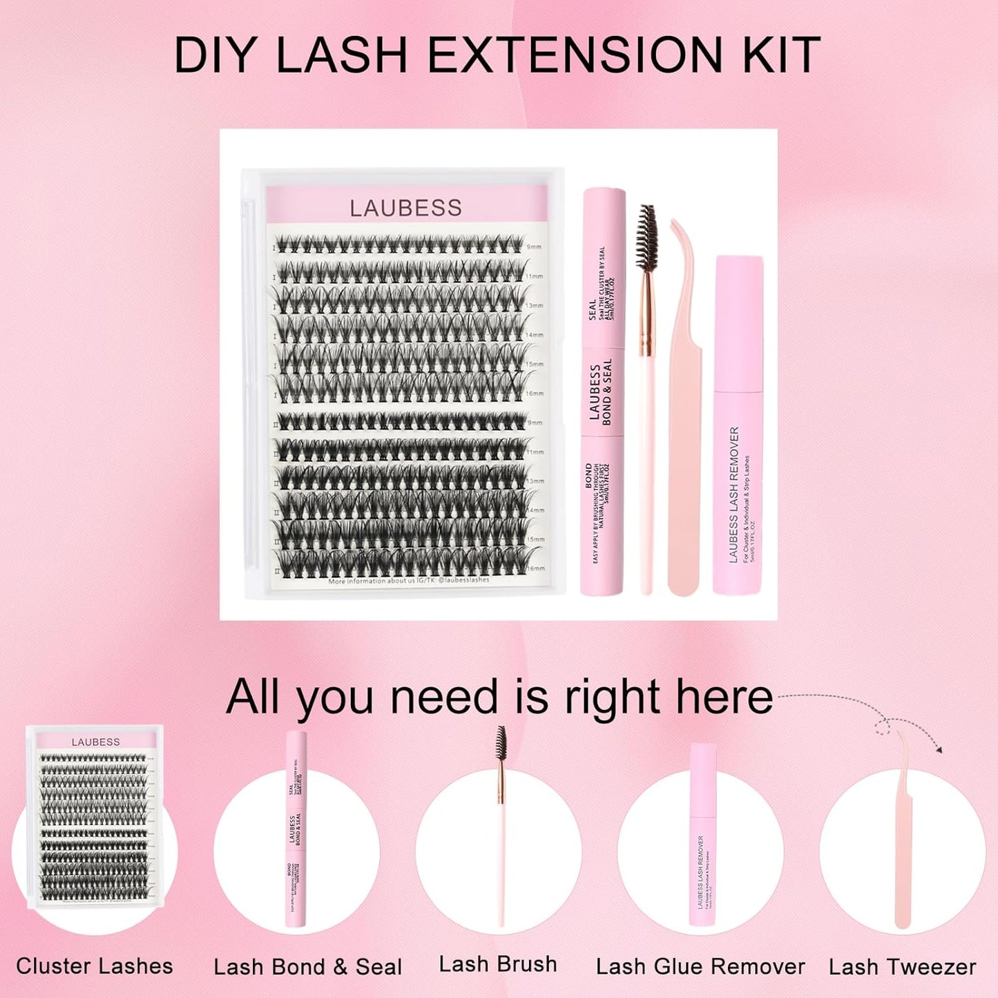 Lash Extension Kit LAUBESS Lash Clusters Kit Cluster Eyelash Extensions Kit Eyelash Clusters Lash Bond and Seal Waterproof Tweezers Brush Lash Glue Remover (Kit 30D/40D-D-Mix9-16)