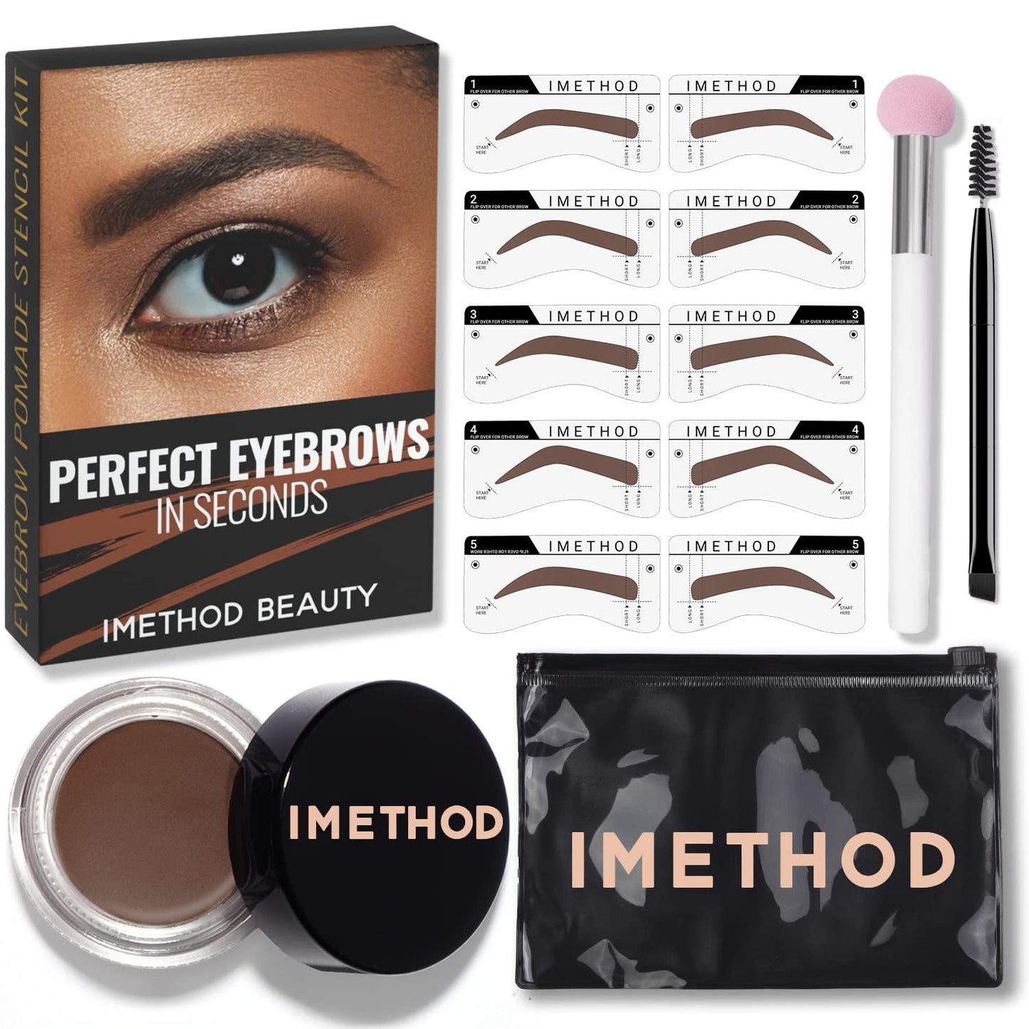 iMethod Eyebrow Stamp and Eyebrow Stencil Kit - Eye Brow Stamping Kit, Brow Stamp Kit, Brow Stencil and Stamp Kit, Brow Trio Eyebrow Kit, Perfect Bushy Eyebrows, Black Brown