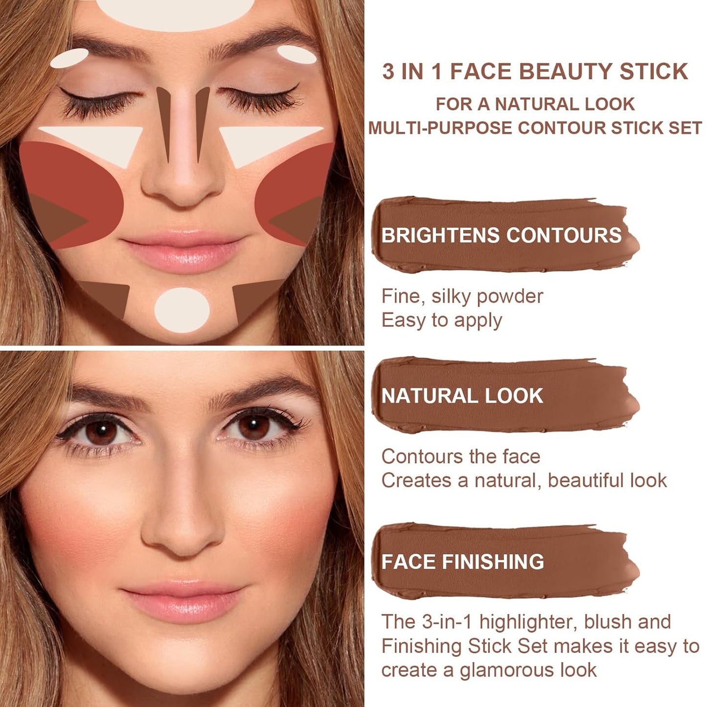 3 Colors Cream Contour Stick, Shades with Highlighter Stick,Blush Stick and Bronzer Contour Stick for Sculpt the Cheeks,Long Lasting,Waterproof,Matte & Dewy Finish for Women (FAIR(7+9+11))