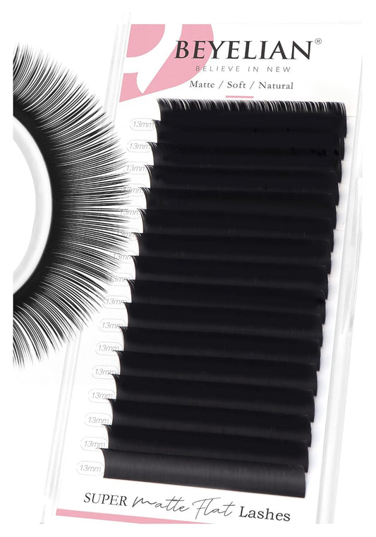 BEYELIAN Ellipse Flat Lash Extension 16 Rows 0.15 C Curl 13mm Single Length Tray Flat Eyelash Extension Matte Black Classic Lash Extensions Professional Supplies