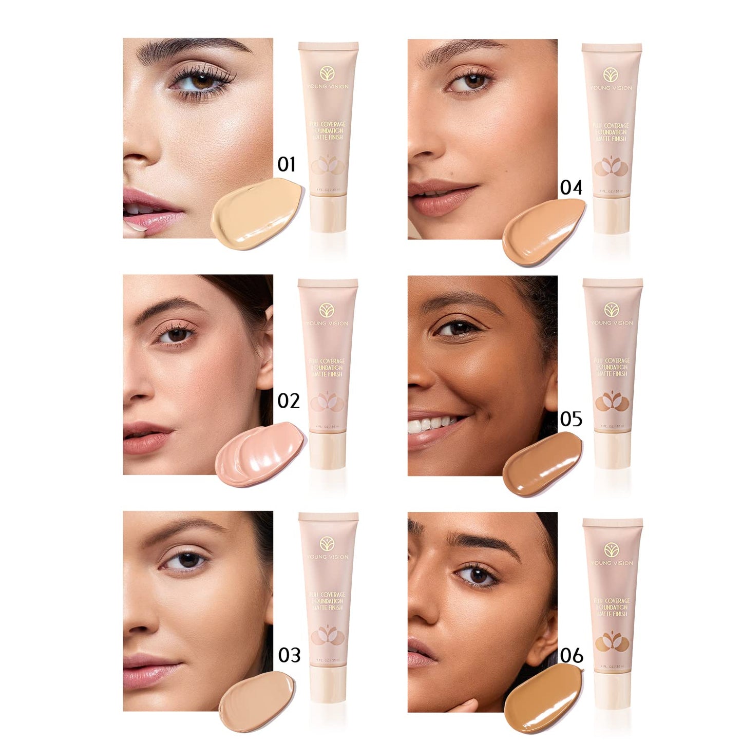 YOUNG VISION Full Coverage Longwear Foundation, Matte Finish, Waterproof, Poreless Liquid Foundation Makeup, Base de Maquillaje Alta Cobertura, 1 fl.oz