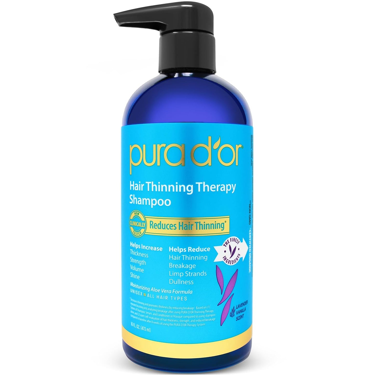 PURA D'OR 16 Oz Hair Thinning Therapy Biotin Shampoo - LAVENDER VANILLA Scent - CLINICALLY TESTED Effective Results, Herbal Blend Hair Thickening Products Women & Men, Color Safe Routine Shampoo