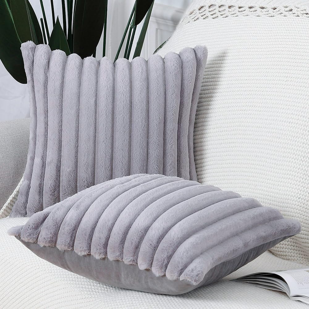 MADIZZ Set of 2 Faux Wool Plush Decorative Throw Pillow Covers 22x22 Inch Grey Fluffy Striped Soft Decorative Cushion Cover for Sofa Bedroom Pillow Shell