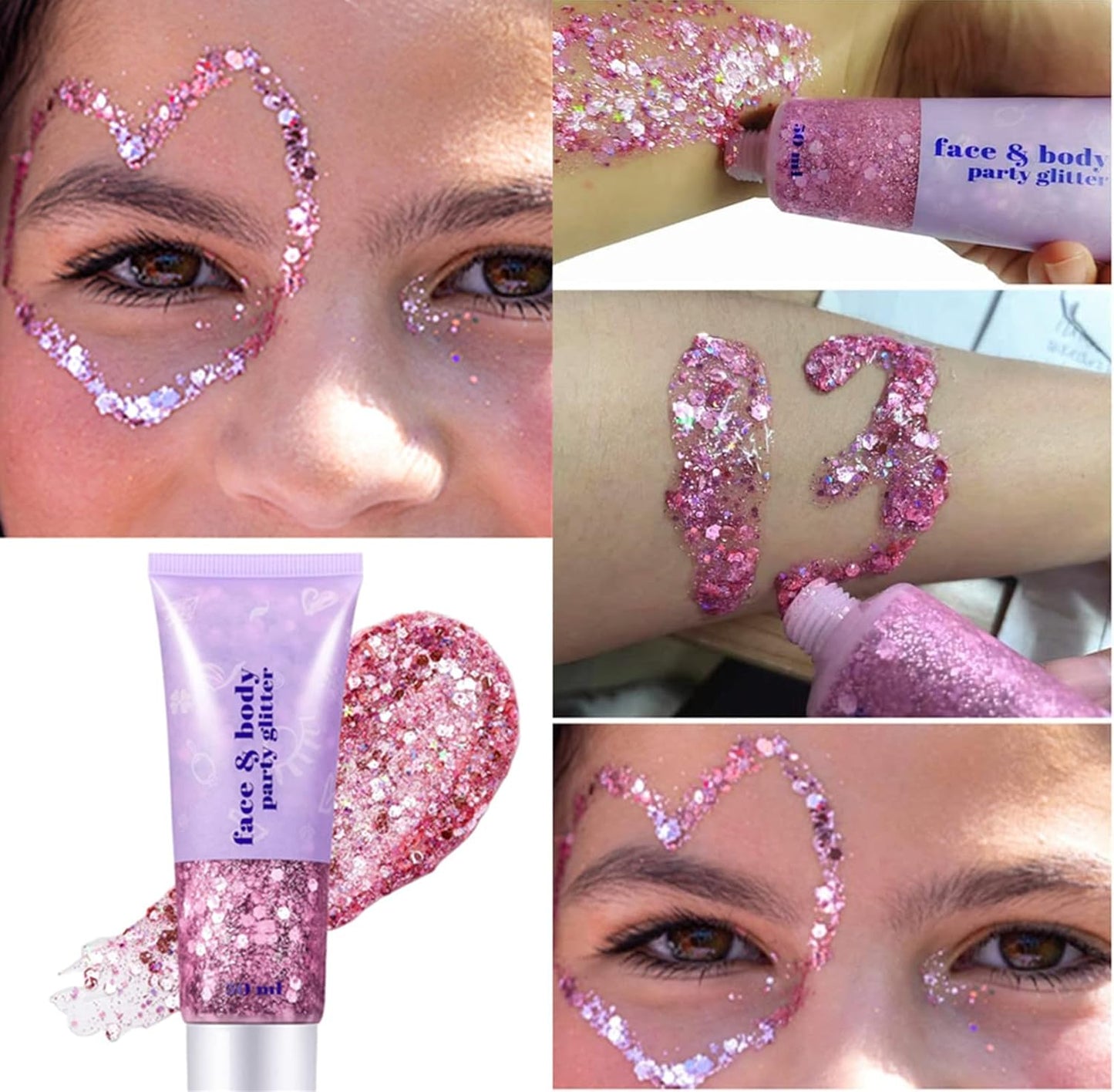 Go Ho Pink Face Body Glitter Gel,Singer Concerts Pink Face Paint Makeup Holographic Chunky Sequins Glitters for Lip/Hair/Nails,Music Disco Outfit for Woman,Festival Rave Accessories,52g