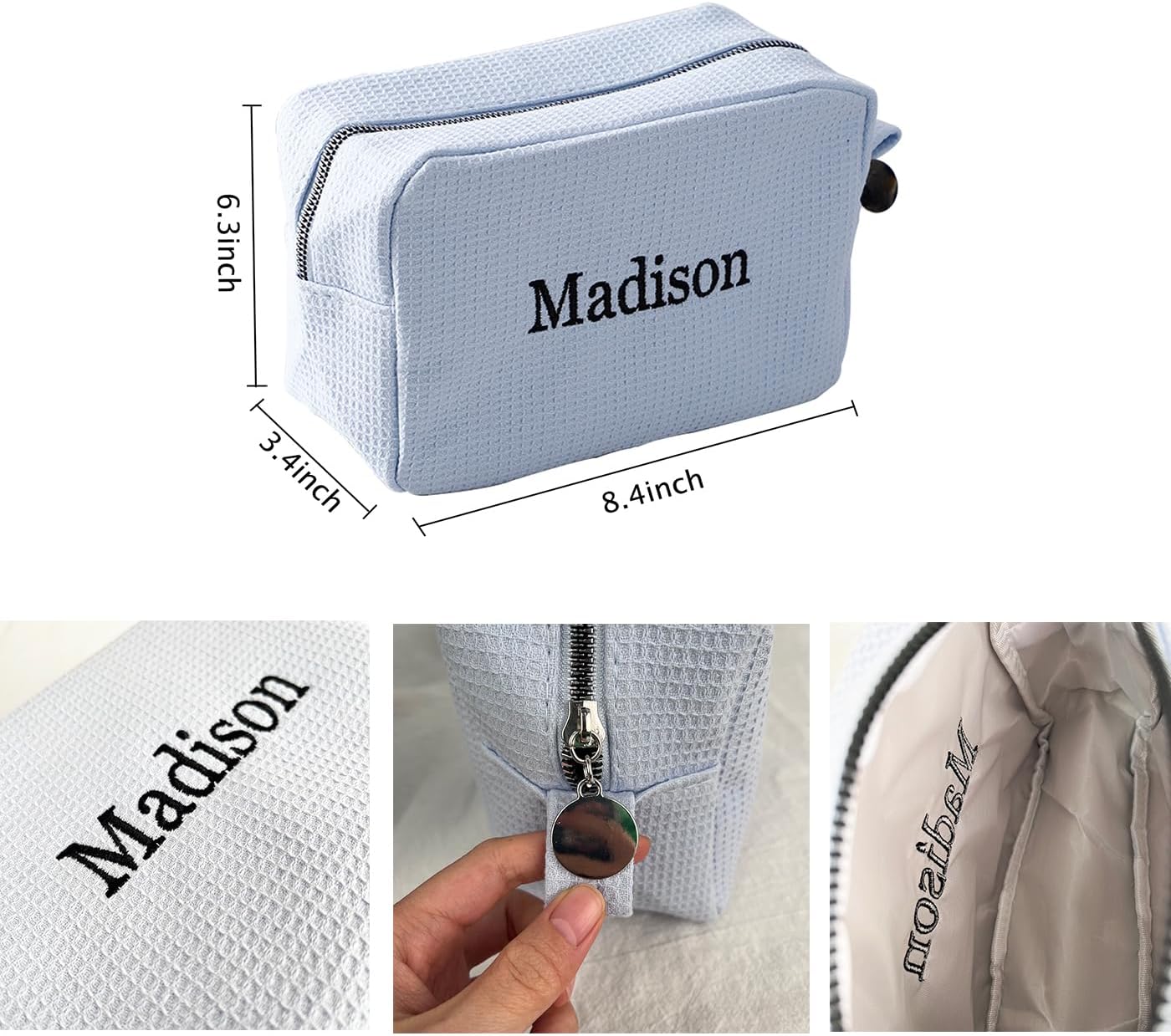 GOPHIE Personalized Embroidered Makeup Bag,Custom Waffle Fabric Cosmetic Pouch for Women, Travel Makeup Pouch (1, Sky Blue)