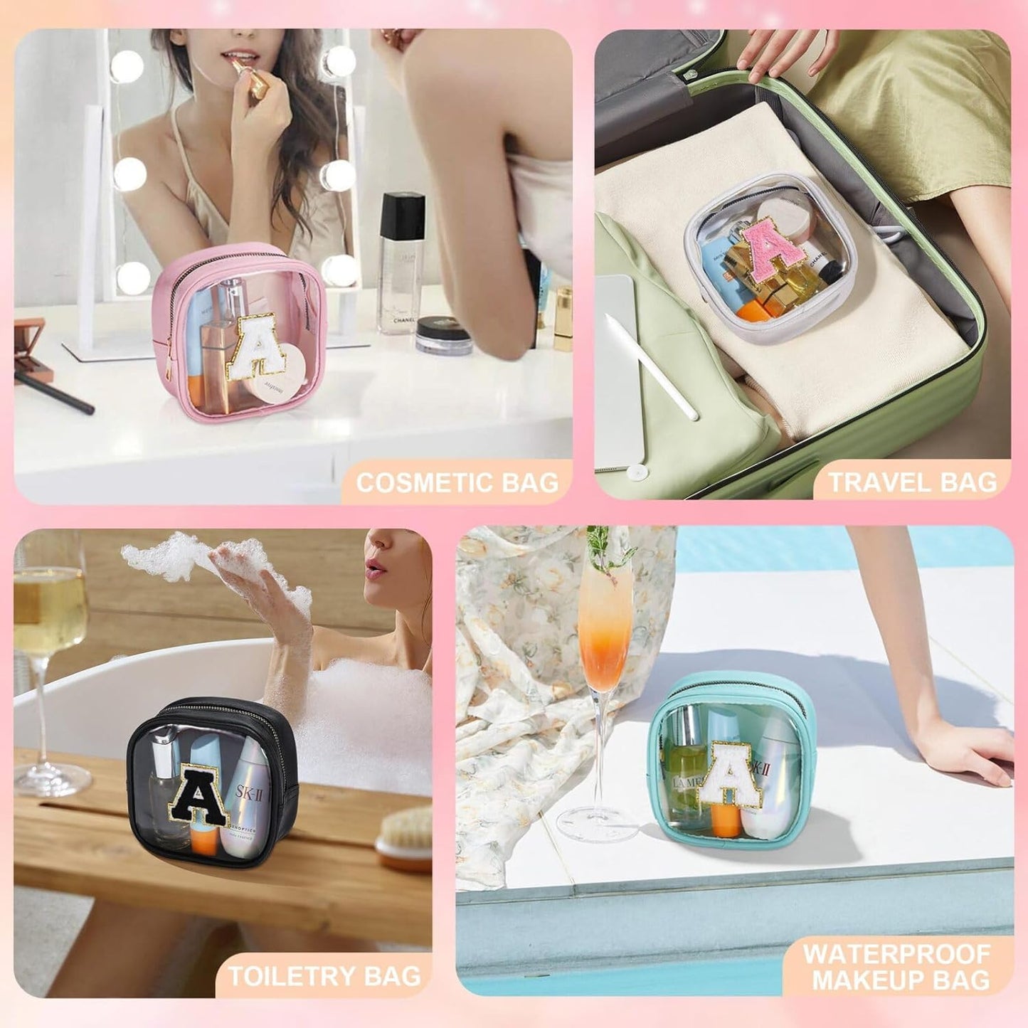 YOOLIFE Initial Make Up Bag Travel Toiletry Bag, Clear Makeup Bag Preppy Cosmetic Bags Organizer Travel Essentials Gifts for Women Teen Girlfriend Teacher Mom Birthday Mothers Day Gifts Blue Mini T