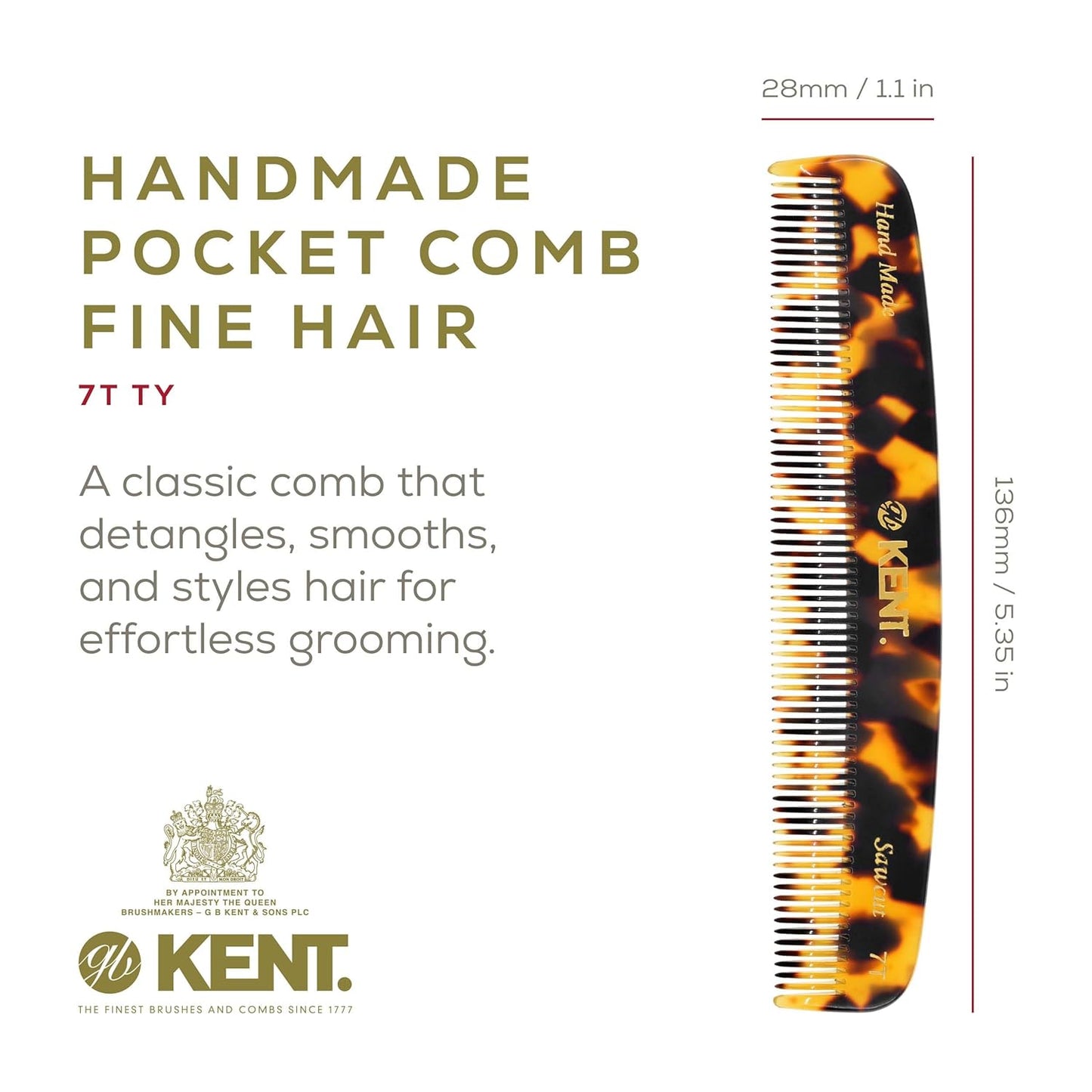 Kent 7T TY Handmade All Fine Tooth Pocket Comb for Men, Hair Comb Straightener for Everyday Grooming Styling Hair, Mustache and Beard, Use Dry or with Balms, Saw Cut and Hand Polished, Made in England