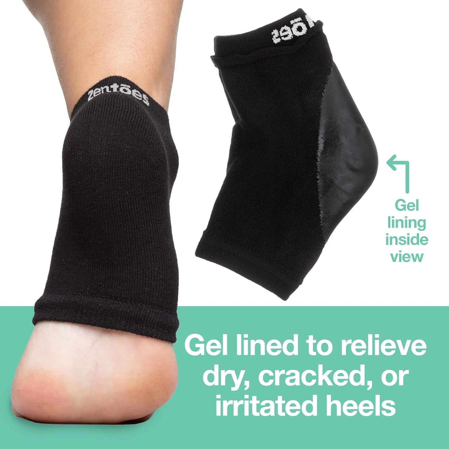 ZenToes Moisturizing Socks for Cracked Heel Treatment - Vitamin E, Olive Oil and Jojoba Oil Infused Heel Socks to Soften and Hydrate (Cotton Black, Wide Width)