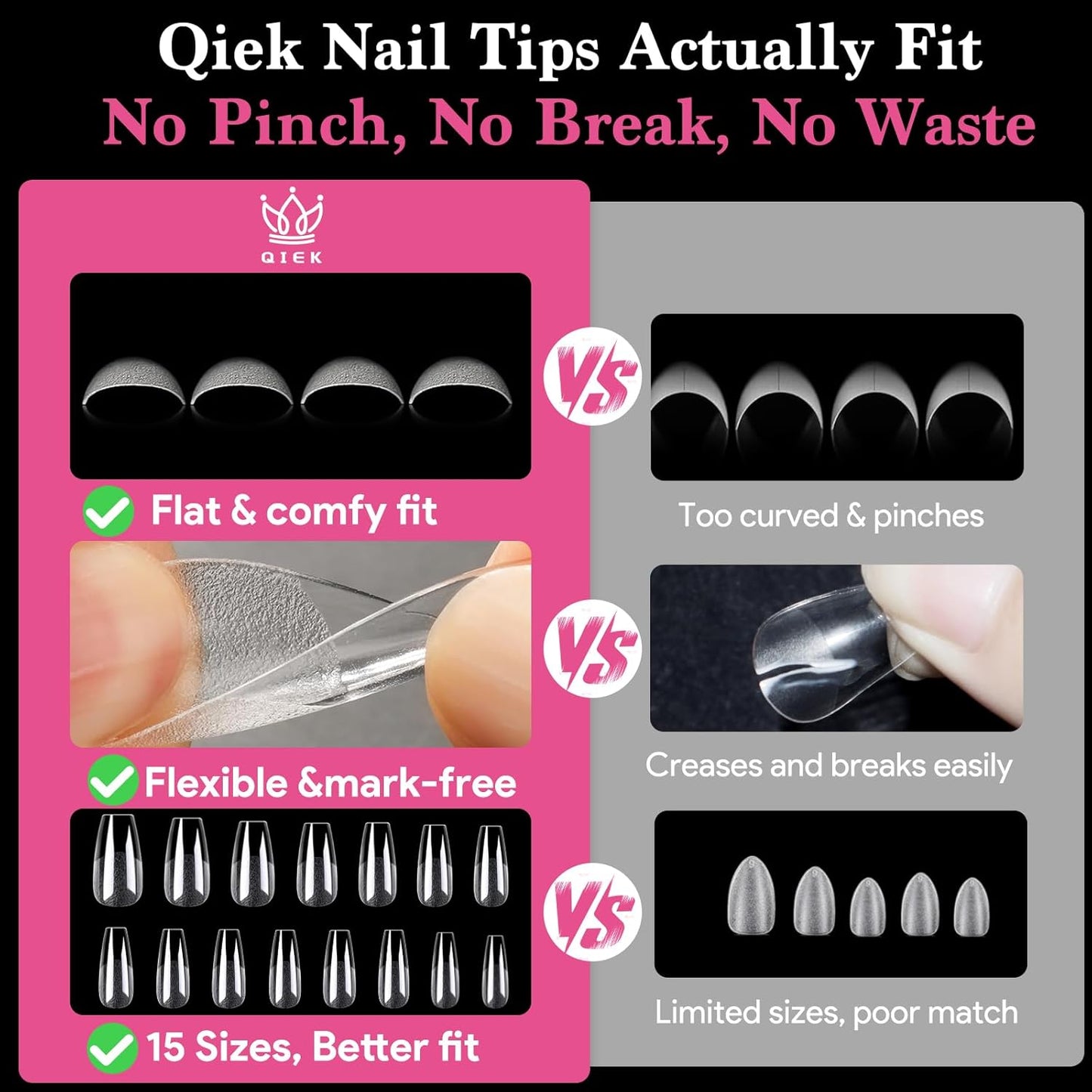 Medium Coffin False Nail Tips, 15 Sizes 510 PCS Clear Soft Press On Fake Nail Pre-shaped Half Matte Full Cover Gel Nail Tip Extensions Strong Thick Long Lasting for DIY Beginners & Salon Manicure
