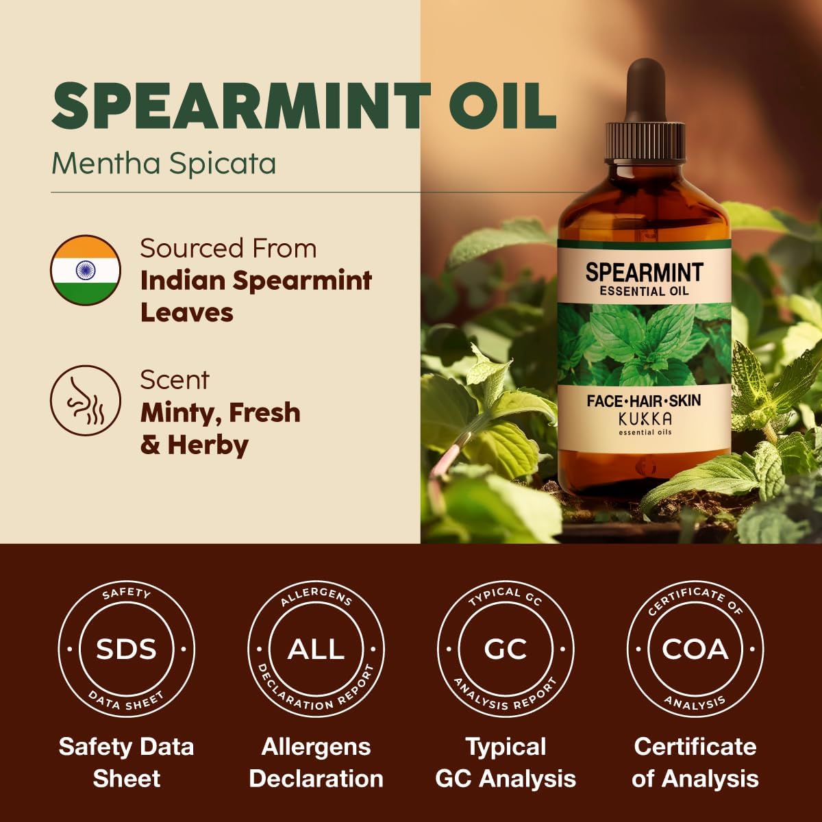 Kukka Spearmint Oil for Facial Hair - 4 Fl Oz - Aromatherapy Spearmint Essential Oil for Skin & Hair Care, Diffuser, Bath Bombs, Soaps and Candles, DIY Soap Making Scents
