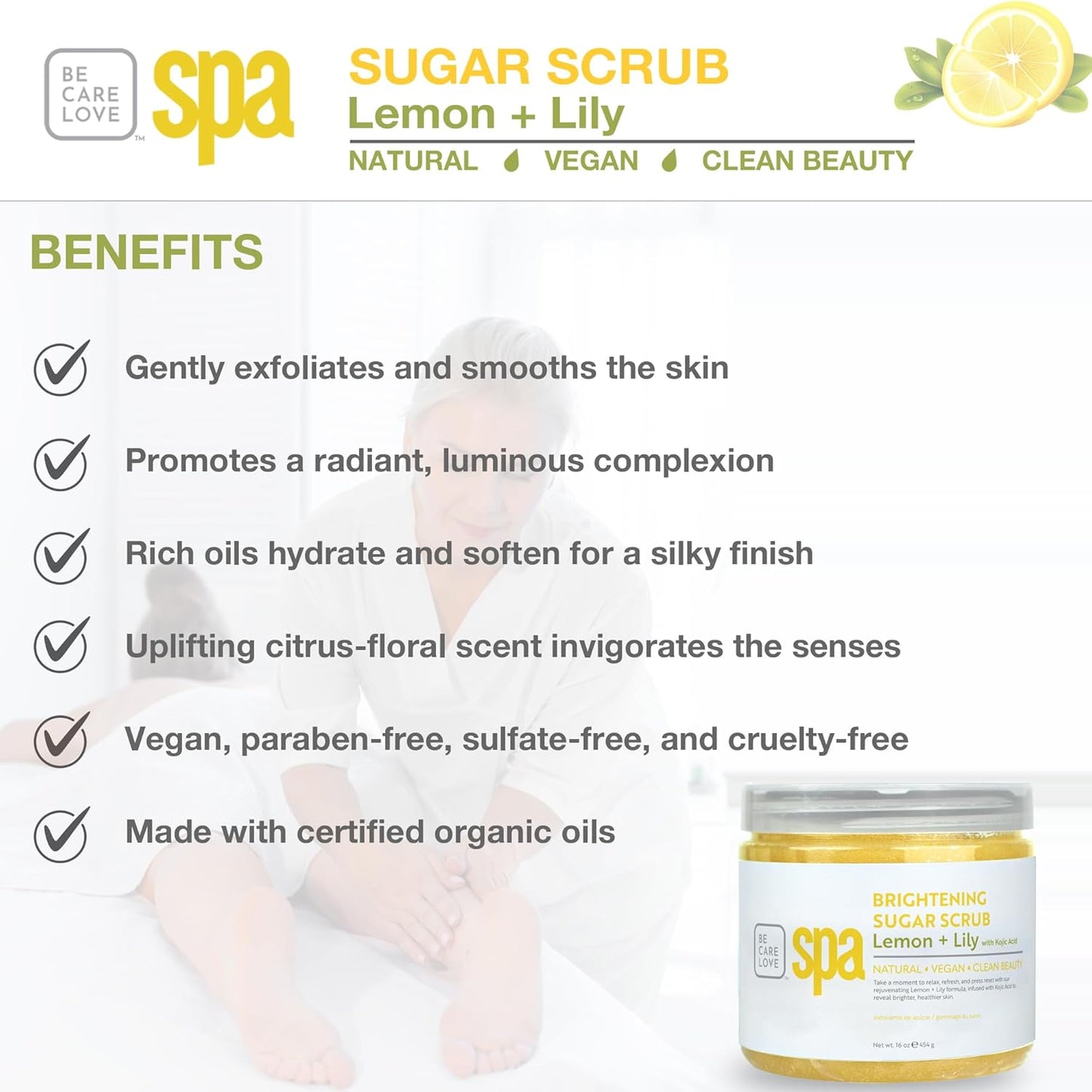 BCL SPA Sugar Scrub for Deep Hydration & Exfoliation with Certified Organic Ingredients for Professional and Home Use (16 oz, Lemon and Lily)