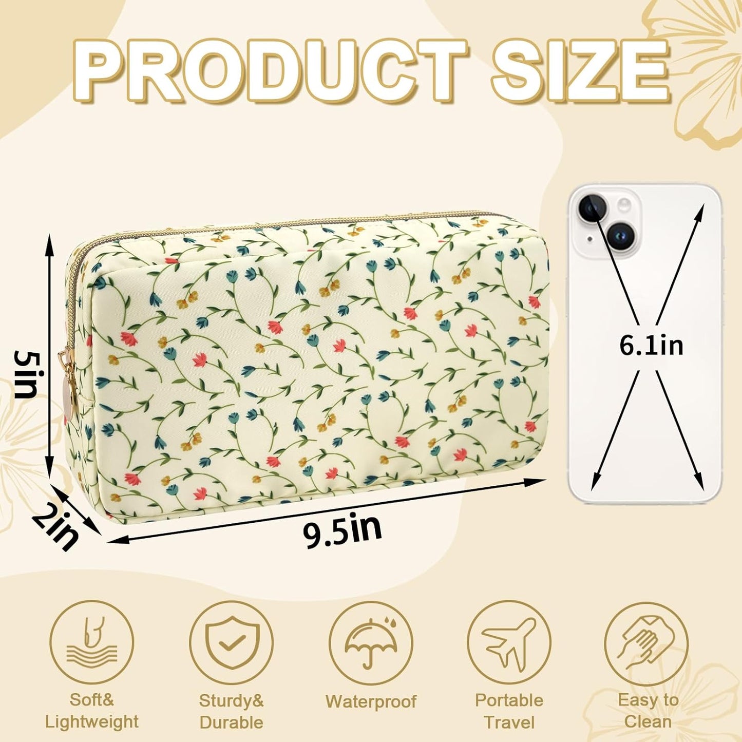 Waterproof Small Floral Makeup Bag Pouch for Purse,Nylon Flower Cosmetic Bag Preppy Travel Toiletry Storage Bag for Women Girl,Cute Makeup Organizer Bag Pouch with Zipper(Small Light Yellow-Flowers)