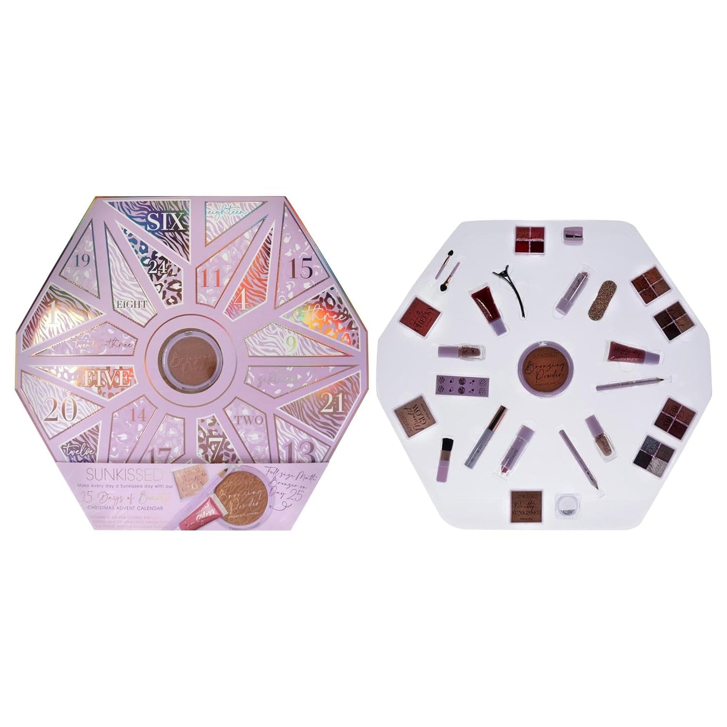 Sunkissed Christmas 25 Days of Beauty - Face, Lips and Eye Makeup - 2 Nail Polishes and 3 Cosmetic Brush Applicators - Vegan Formula - 25 Makeup Products and Accessories - 1 pc Gift Set