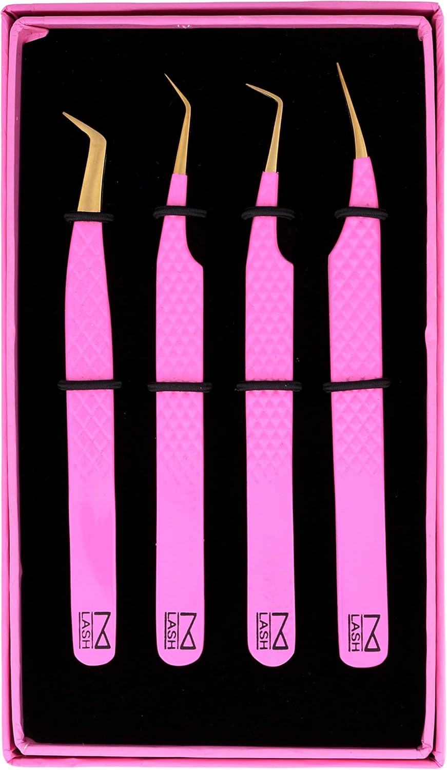 M LASH Eyelash Extension Tweezers (Set of 4) - Professional & Precision Lash Tweezers for Eyelash Extensions - Japanese Steel, Diamond Grip, Fiber Tip V3 (Pink)