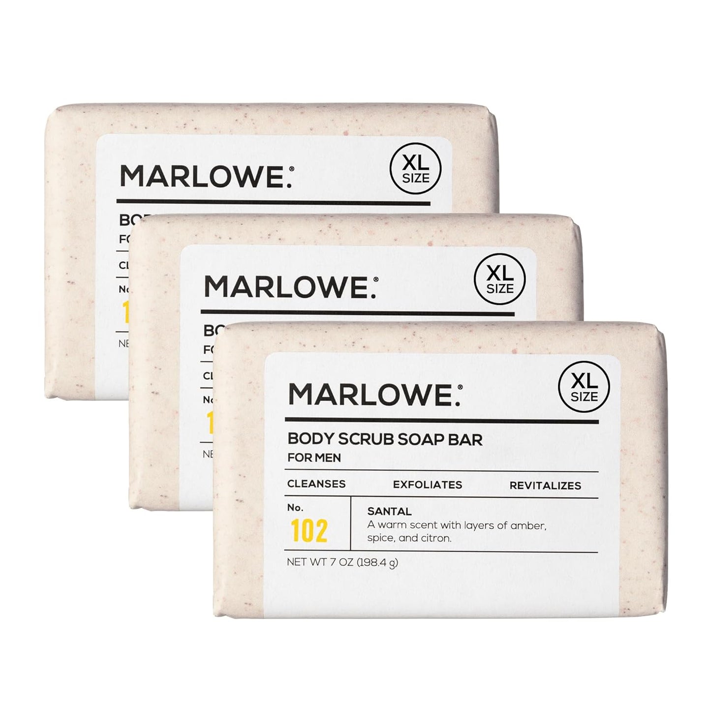 MARLOWE. No. 102 Body Scrub Soap 7 oz (3 Bars), Santal, Exfoliating Soap Bar with Shea Butter, Olive Oil & Green Tea Extracts, Cleanses, Smooths & Revitalizes Skin, Warm Amber, Spice & Citron Scent