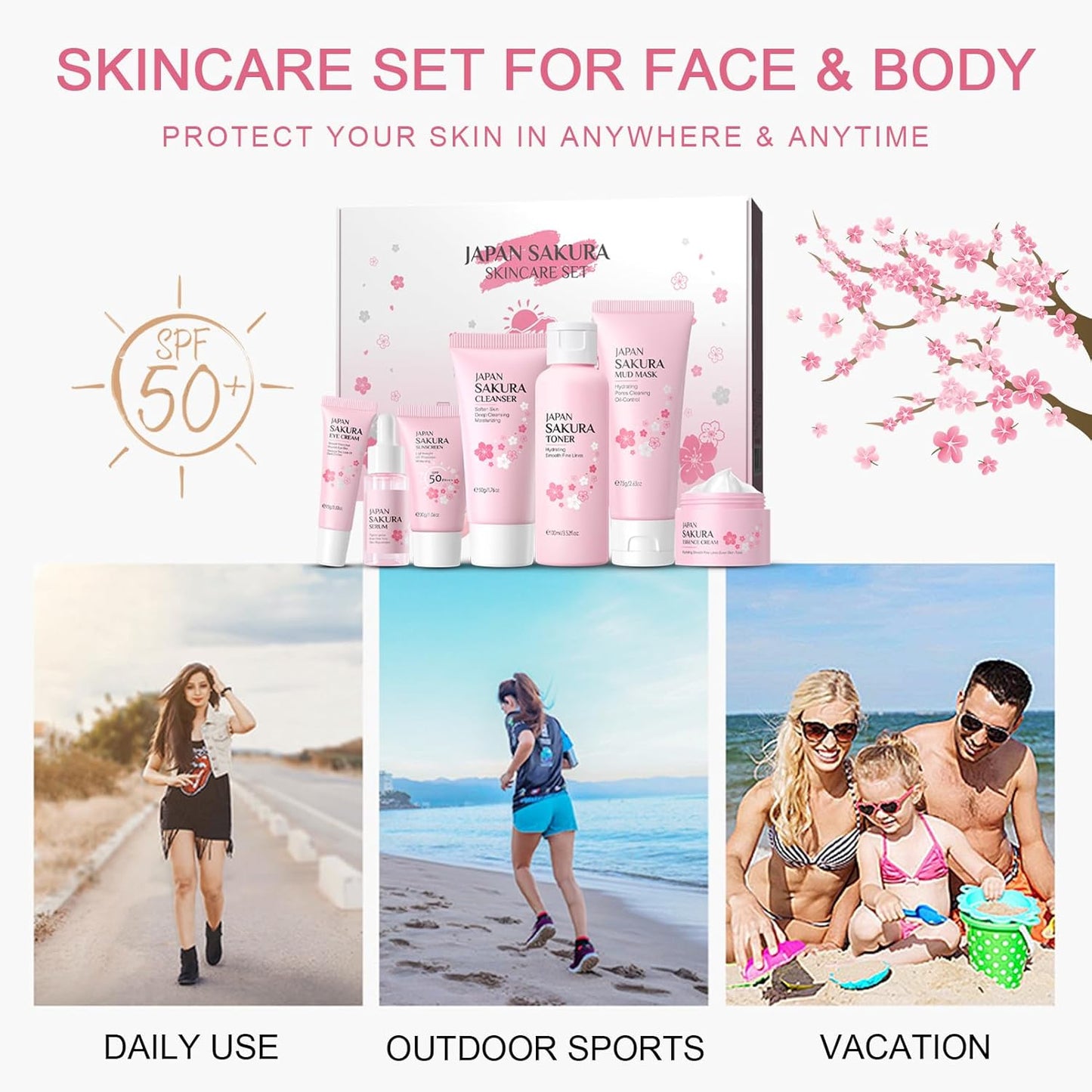 Skin Care Set JAPAN-SAKURA Women Beauty Gift Sets Skin Care Kit, Self-Care Skincare Set: Cleanser,Toner,Serum,Cream,Mud Mask,Eye Cream,Sunscreen, Facial Kit for Women Teen Girls Mom Daughter 7pcs
