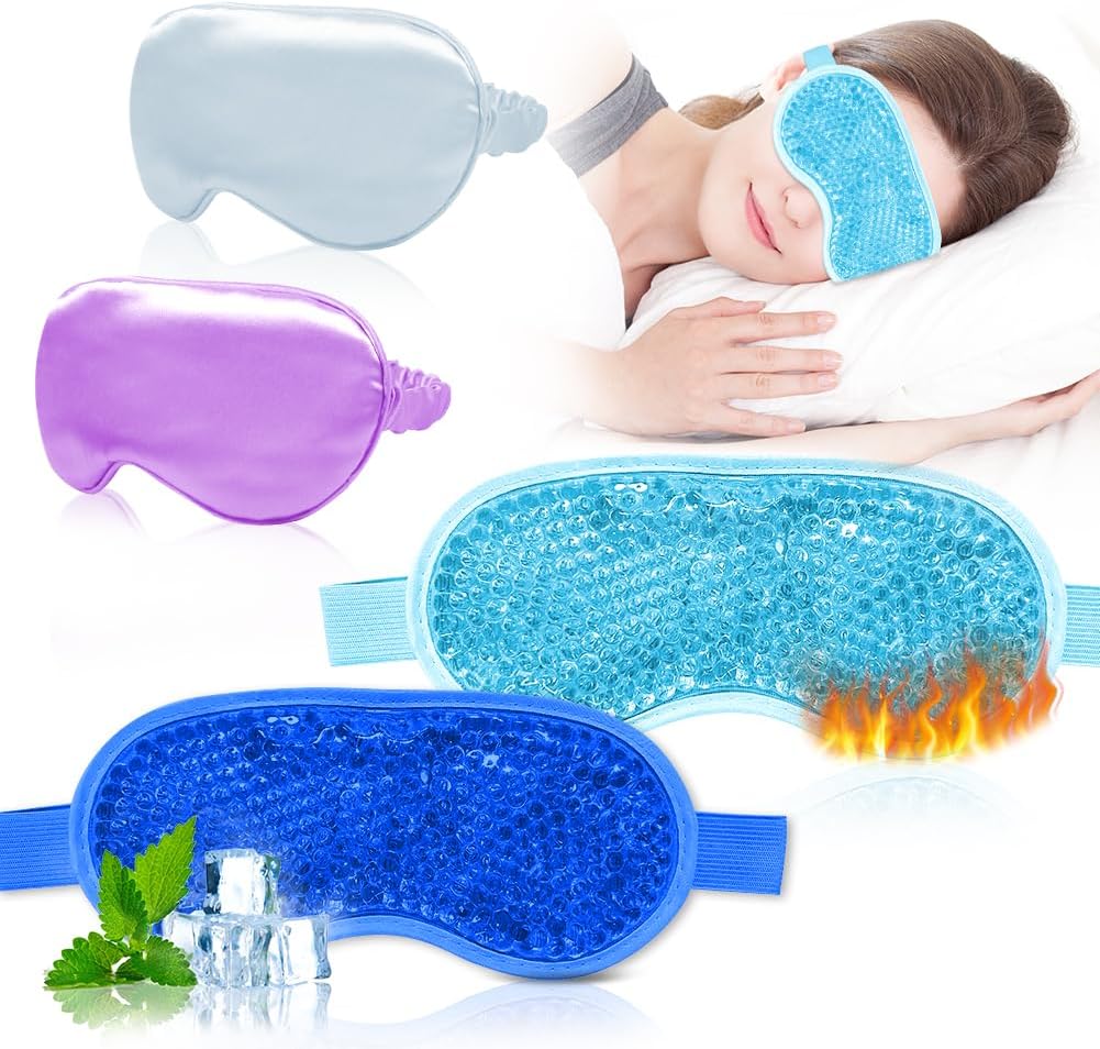Cooling Eye Mask and Silky Sleep Mask 4 Packs for Man Women for Sleeping Frozen Ice Eye Mask Cold Warm Compress Dark Circles Puffiness Dry Eyes Gifting