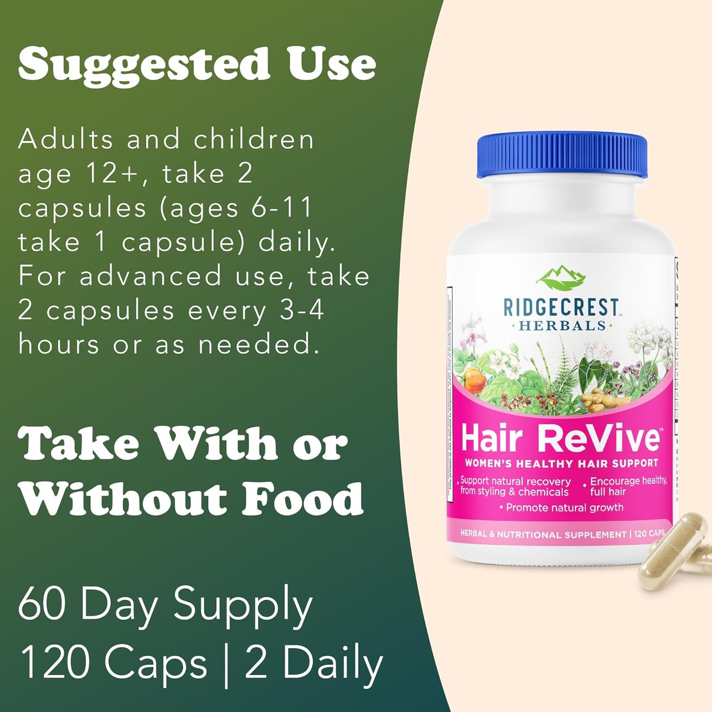 RidgeCrest Herbals Hair ReVive, Nutritional Hair Supplement with Vitamin C, Biotin (6000mcg), Zinc, and Copper, Hair Vitamins for Women to Support Healthy Hair, Skin, and Nails (120 Caps, 30 Servings)