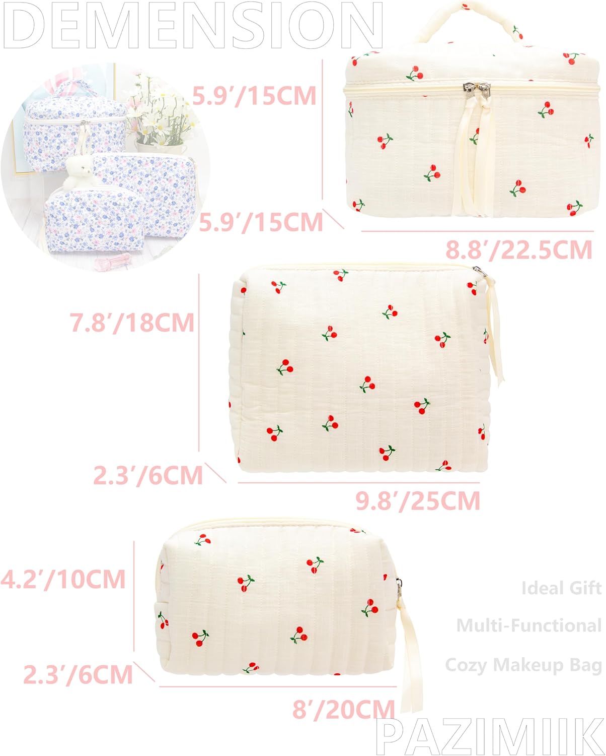 PAZIMIIK 3PCS Makeup Bag SET Large Travel Quilted Zipper Soft Cosmetic Case Pouch for Women Girls Make Up,Cherry Beige