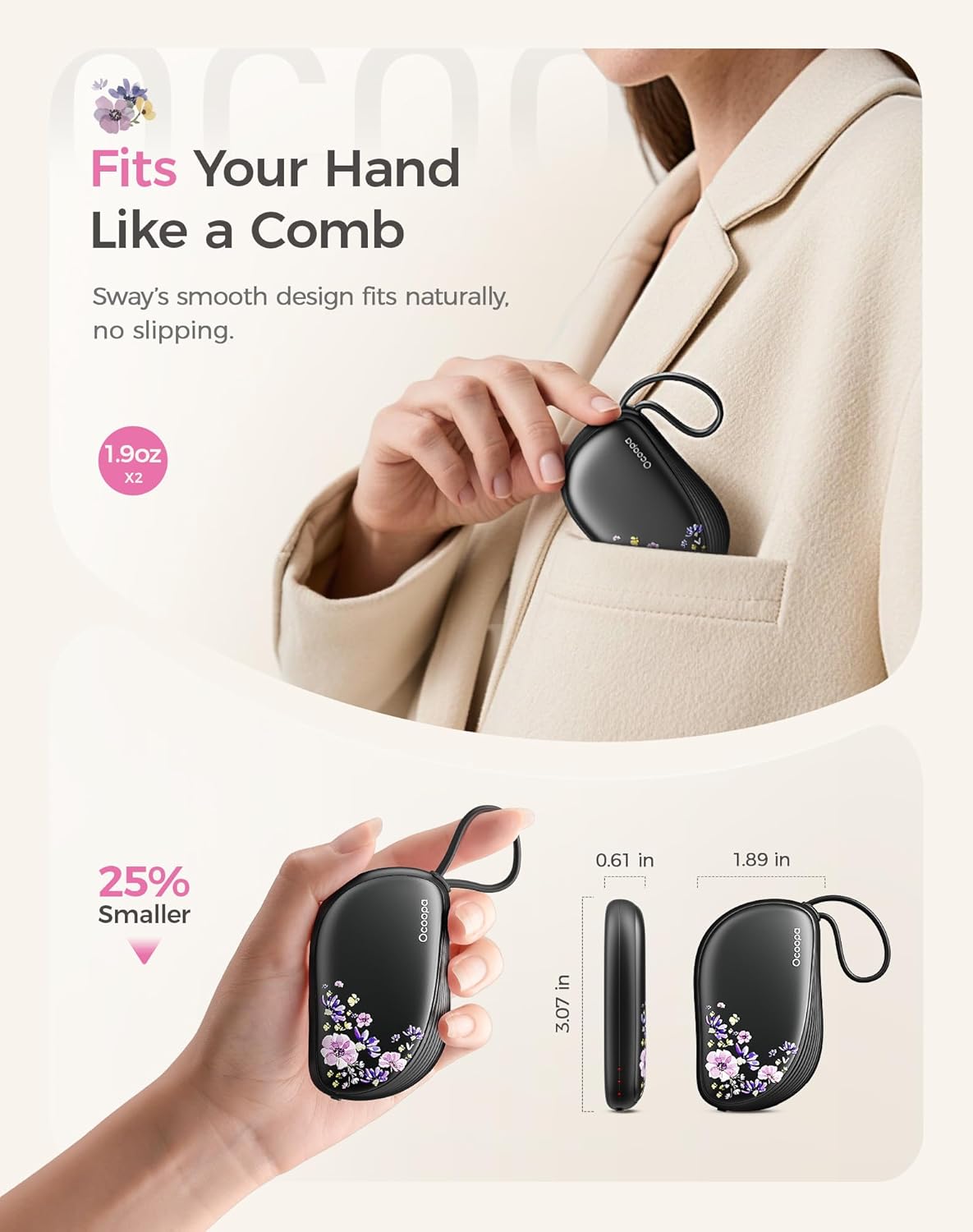 OCOOPA Hand Warmers Rechargeable 2 Pack, Ultra Slim Electric Hand Warmers, Portable Pocket Heater, Comb-Inspired, Fits in Gloves,UL Certified, Winter Essentials,UT5 Sway