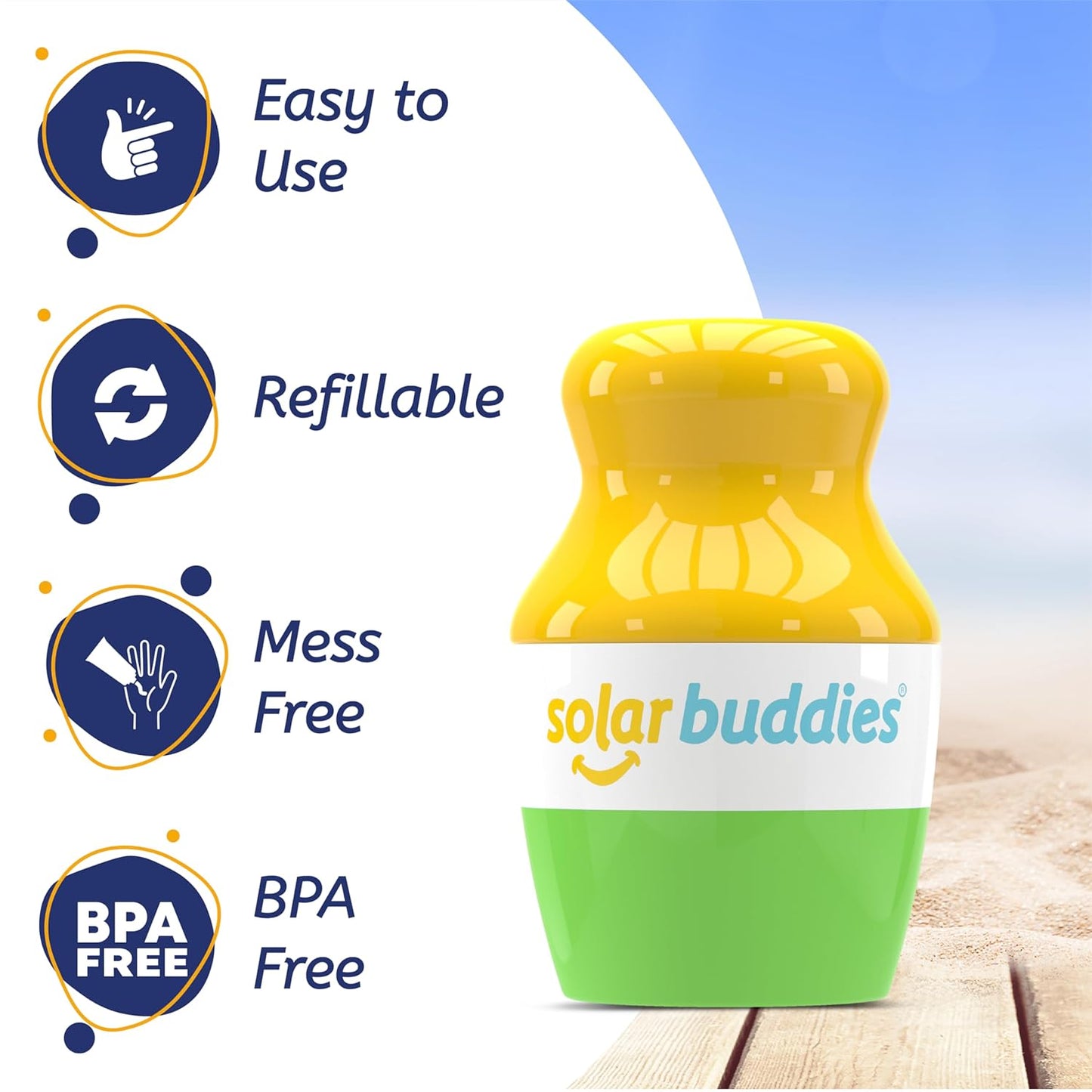 Solar Buddies Sunscreen Applicator - Single Green - Refillable Roll on Sponge Sunscreen, Suncream & Lotion Applicator For Kids, Adults & Families - Holds 3.4fl oz, Perfect Size for Travel