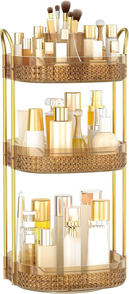 Rotating Makeup Organizer for Vanity 3 Tier, Perfume Organizer with Makeup Brush Holder, Large Capacity Cosmetics Clear Skincare Organizer for Countertop (Pink)