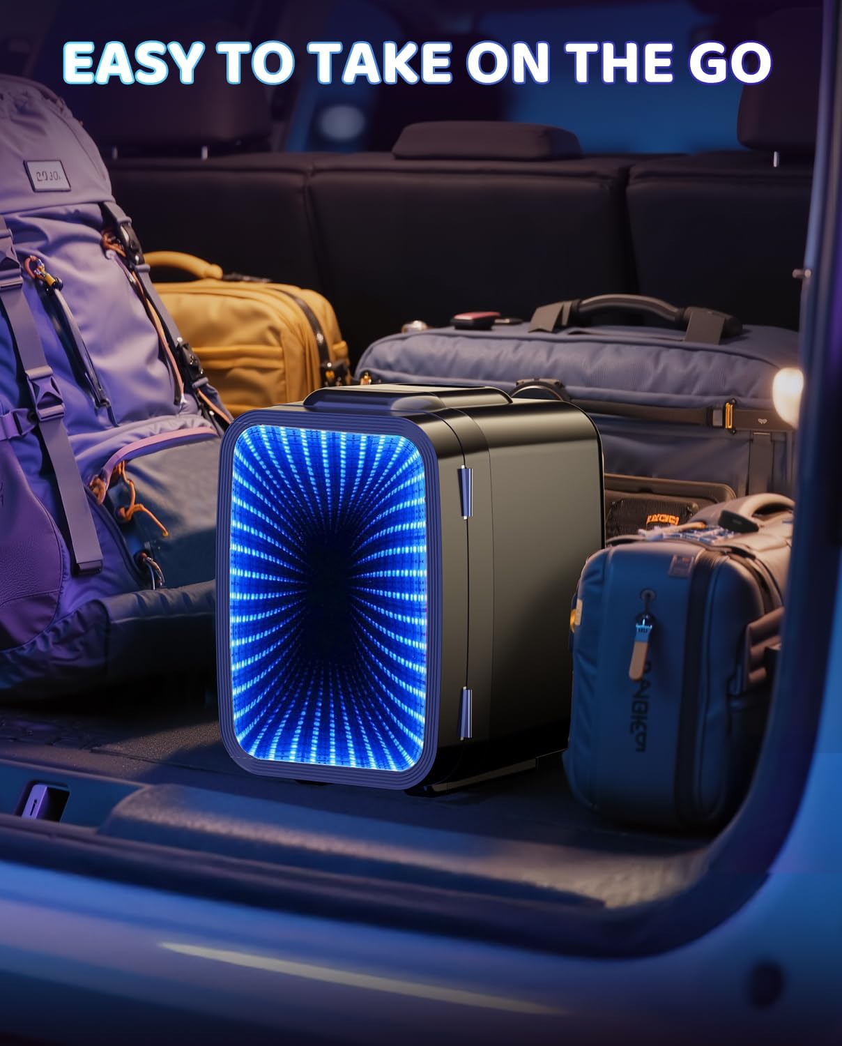 MF01C Mini Fridge, 7 Light Modes With Running Light Mode, 4 Liter/6 Cans, Quiet Cooling & Retention Function, AC/DC Power, Gaming Mini Fridge for Bedrooms, Office and Car