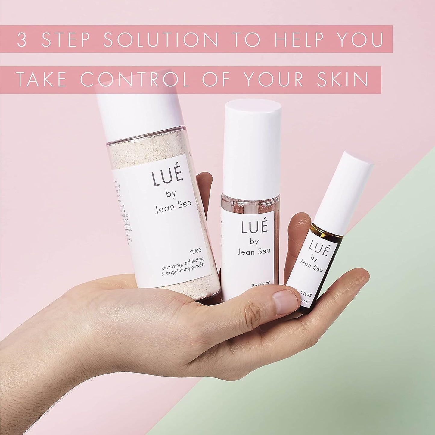 SKIN SOLUTION SET a THREE Step Solution for All Skin Types, Includes Lue by Jean Seo ERASE exfoliant, BALANCE Hydrating Serum and CLEAR Spot Control