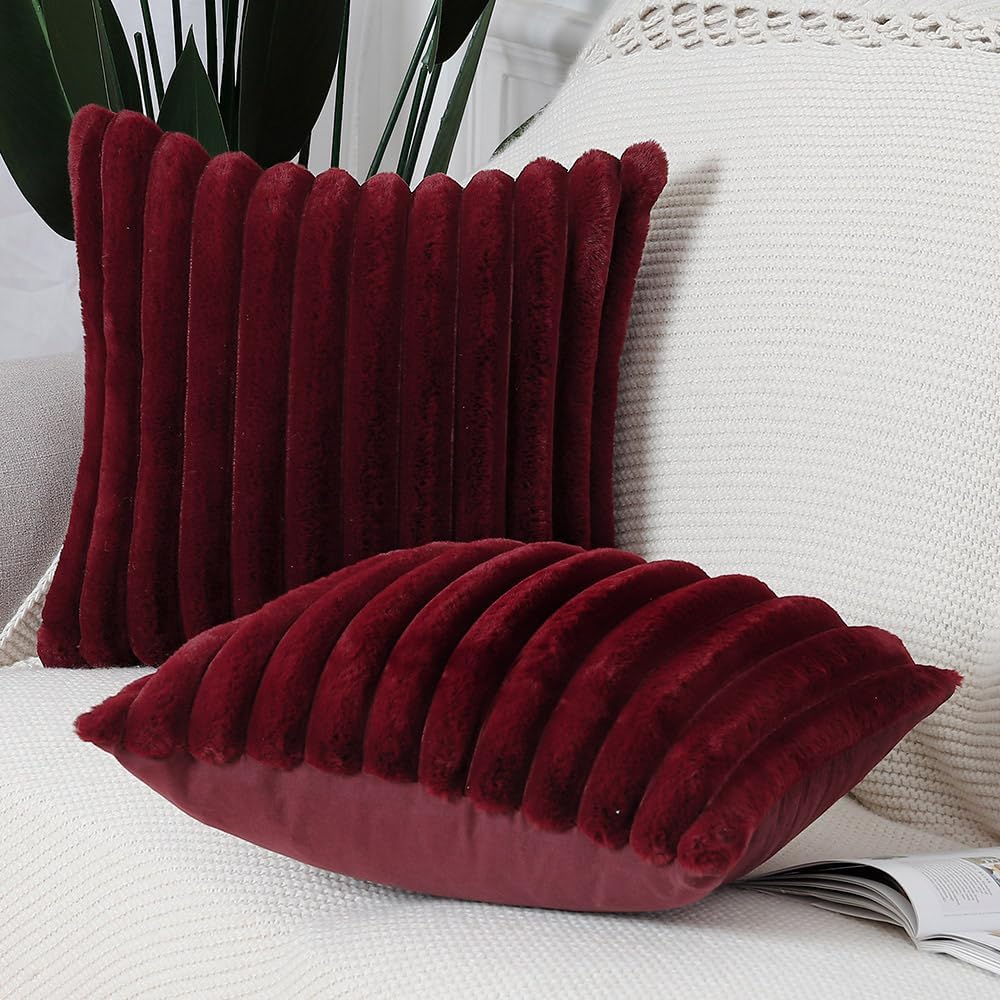 MADIZZ Set of 2 Faux Wool Plush Decorative Throw Pillow Covers 22x22 Inch Burgundy Fluffy Striped Soft Decorative Cushion Cover for Sofa Bedroom Pillow Shell