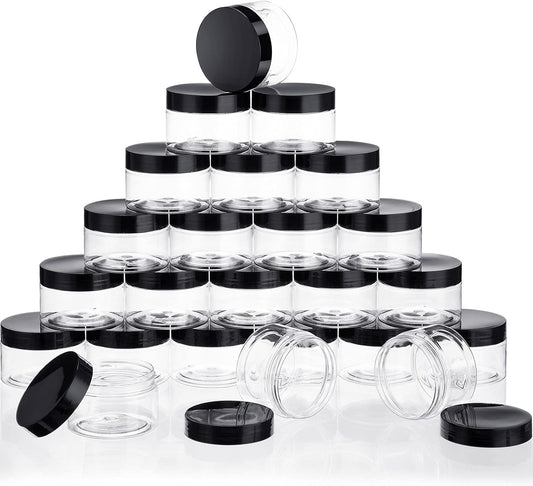 SATINIOR 24 Pieces Empty Clear Plastic Jars with Lids Round Storage Containers Wide Mouth for Beauty Product Cosmetic Cream Lotion Liquid Butter Craft and Food(Black Lid,16 oz)