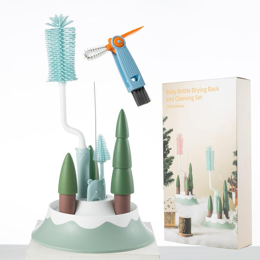 Baby Bottle Drying Rack and Cleaning Set, with Spinning Silicone Baby Bottle Brush, Pacifier Brush, Straw Brush, Cup Lid Cleaning Brush, 2025 Xmas Holiday Surprise Gift for Newmom, Blue