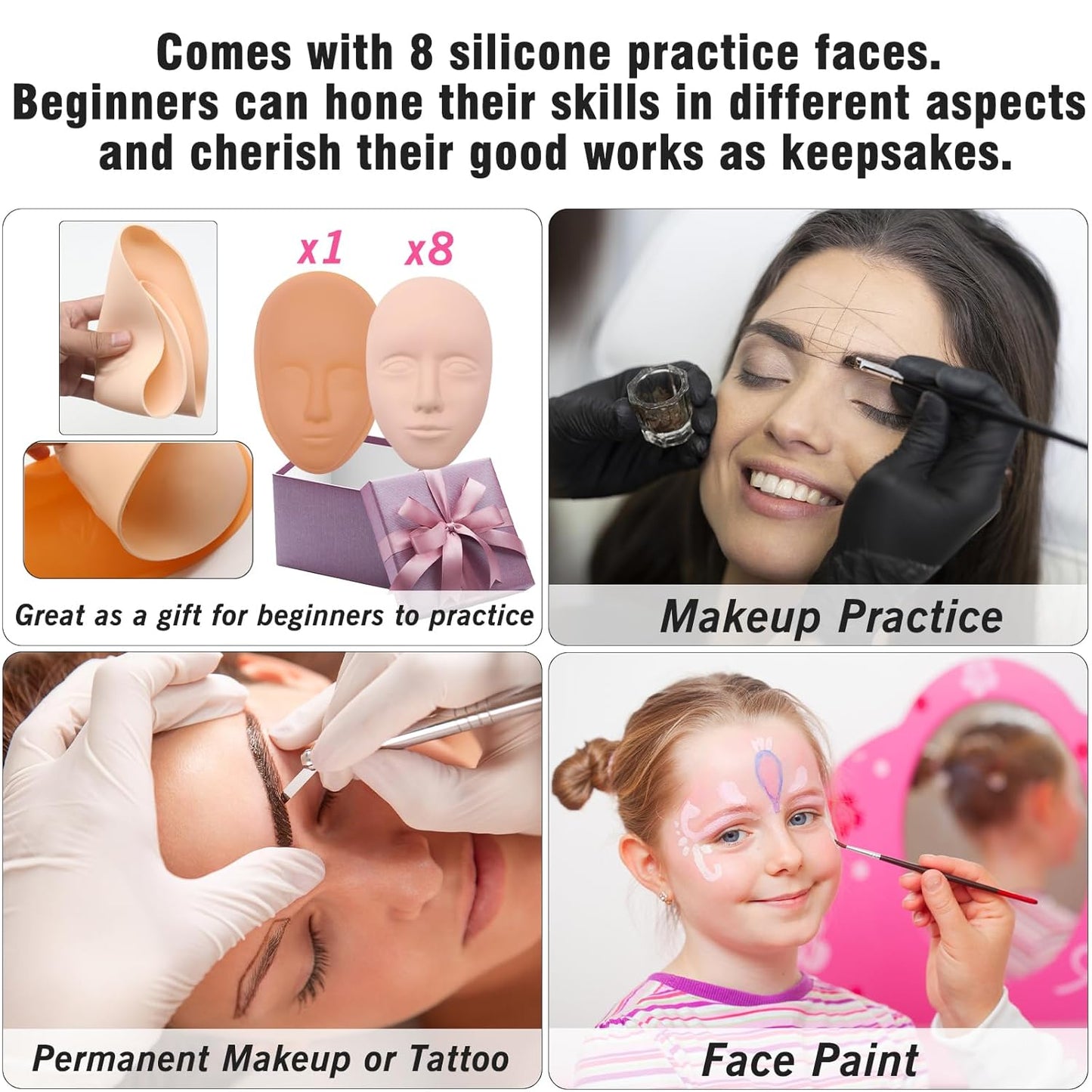 Silicone Makeup Practice Face, 8 Makeup Mannequin Face, 1 Makeup Practice Face Board for Beginner to Training or Practice Make up, Face Paint, Permanent Makeup, Tattoo, Art Creation (Set2)