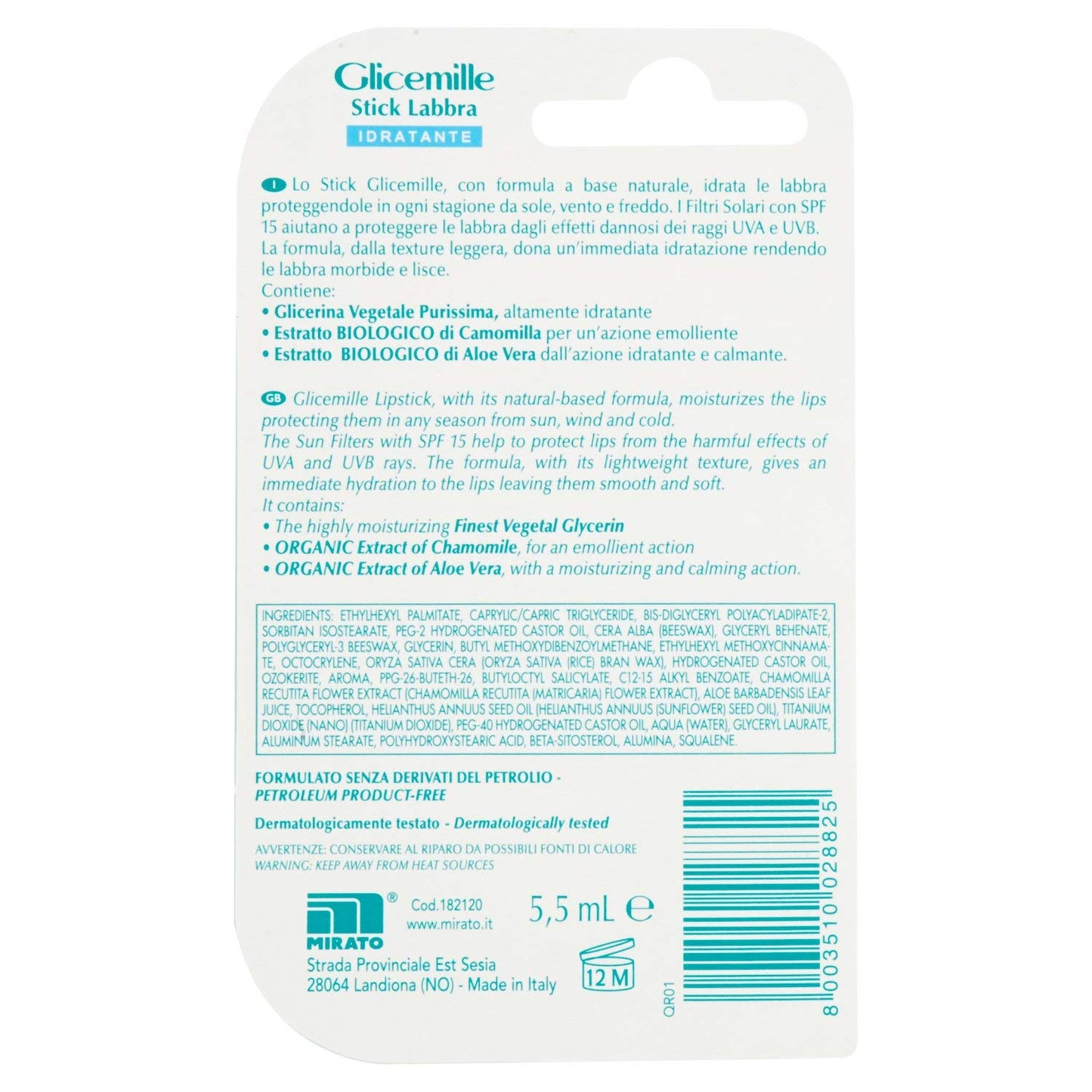 Moisturizing Lip Stick with Chamomile, Aloe Vera, Glycerin and Vitamin E, 1 unit - Made in Italy