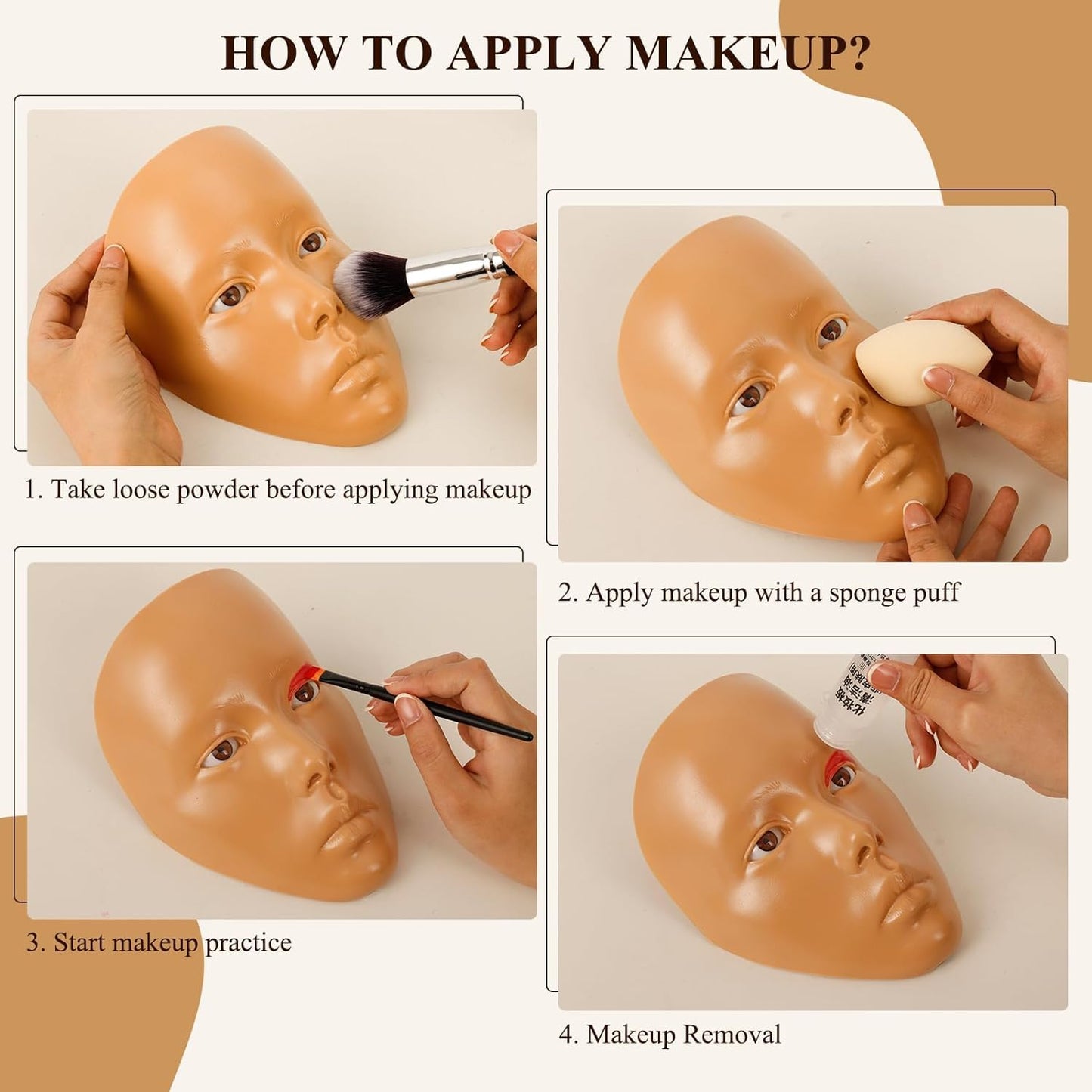 Make Up Practice Face, Face Painting Mannequin Head with Stand, 5D Reusable Silicone Face Practice Board, Mannequin Head for Makeup with Makeup Kit, Practice Face for Makeup Artist & Beginner, Brown