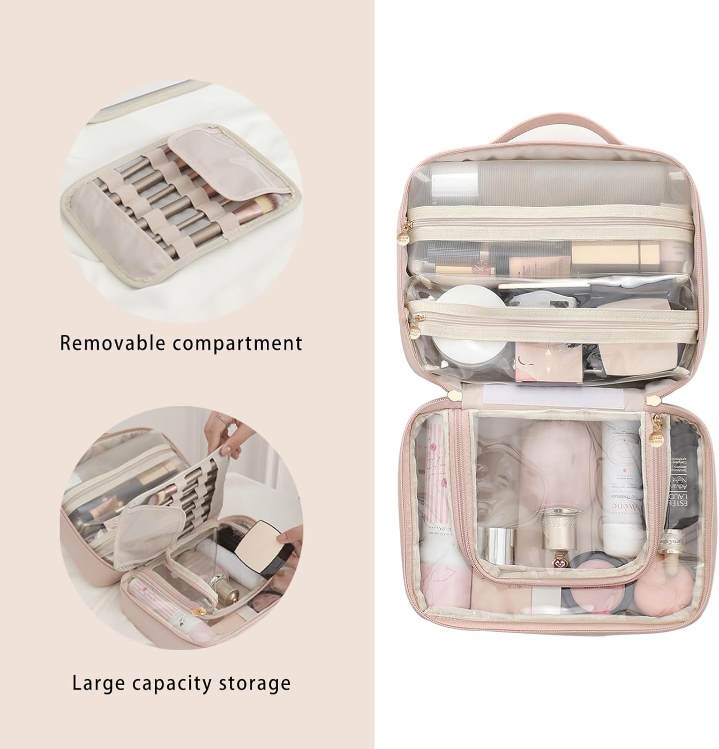 RIGHT AWAY Travel Toiletry Bag for Women, Makeup Bag& Cases, Waterproof Makeup Organizer Cosmetic Bag with Compartments,Portable Make Up Bag for Travel Size Toiletries,Skincare,Brushes Set,Pink