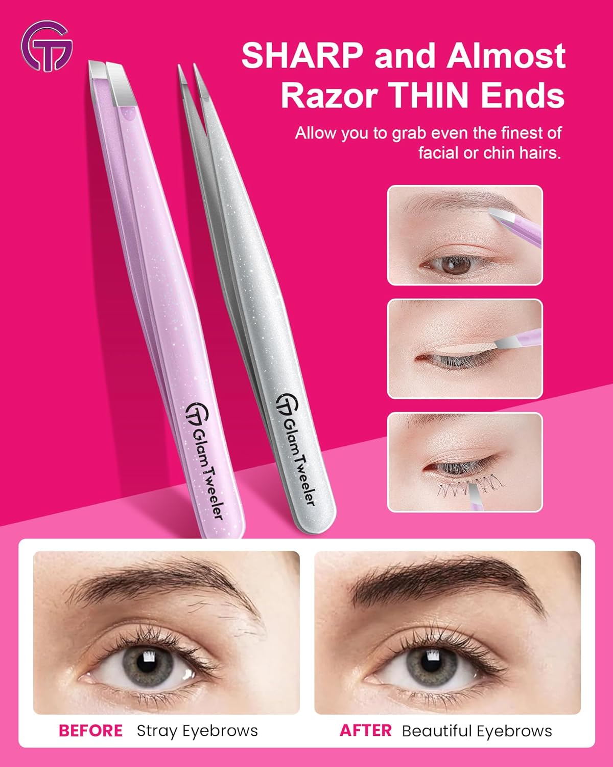 Expert Slant and Point Tip Tweezer Set with Exclusive Storage & Carrying Case, GlamTweeler Sharp & Precision Tweezer Set for Eyebrows, Facial Hairs & Fine Hairs Removal (Sparkle Baby Pink + Silver)