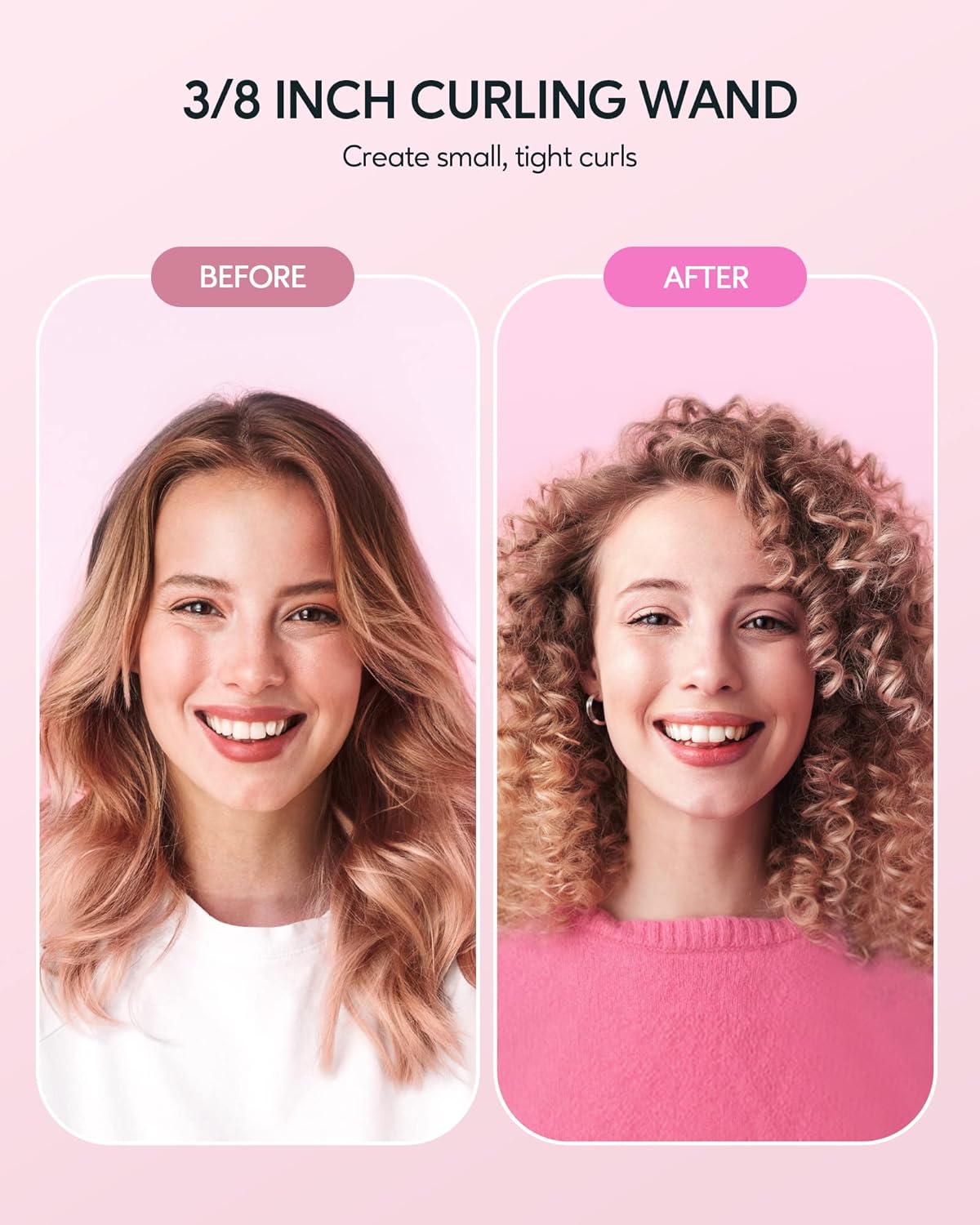 Wavytalk 3/8 Inch Small Curling Wand, Wand Curling Iron for Short & Long Hair, Ceramic Barrel with Adjustable Temperature, Heat Resistant Glove Included (Rose Pink)