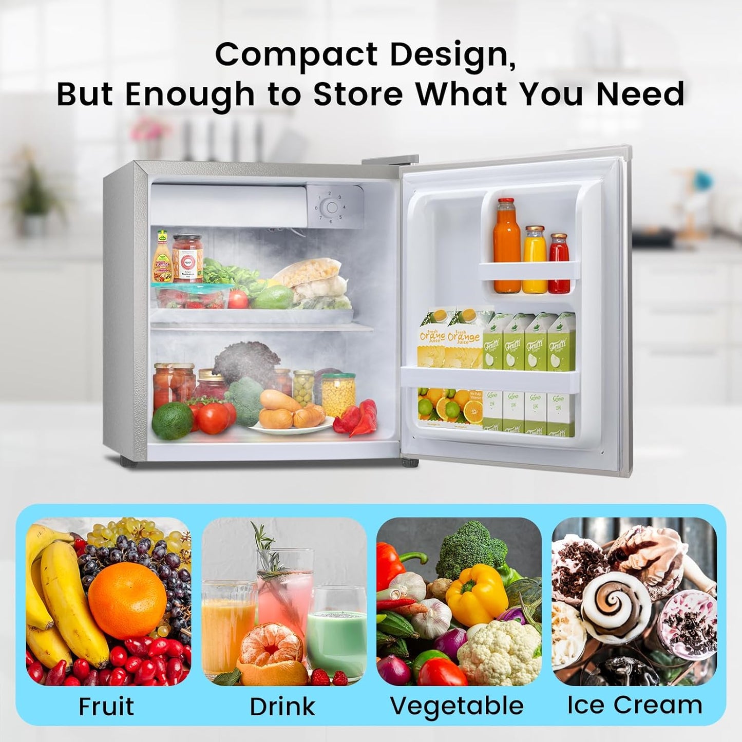 1.6 Cu.ft Mini Fridge with Freezer, Compact Refrigerator, Single Reversible Door, Ultra Quiet, Energy Efficient for Office, Dorm, Bedroom, Apartment, Silver