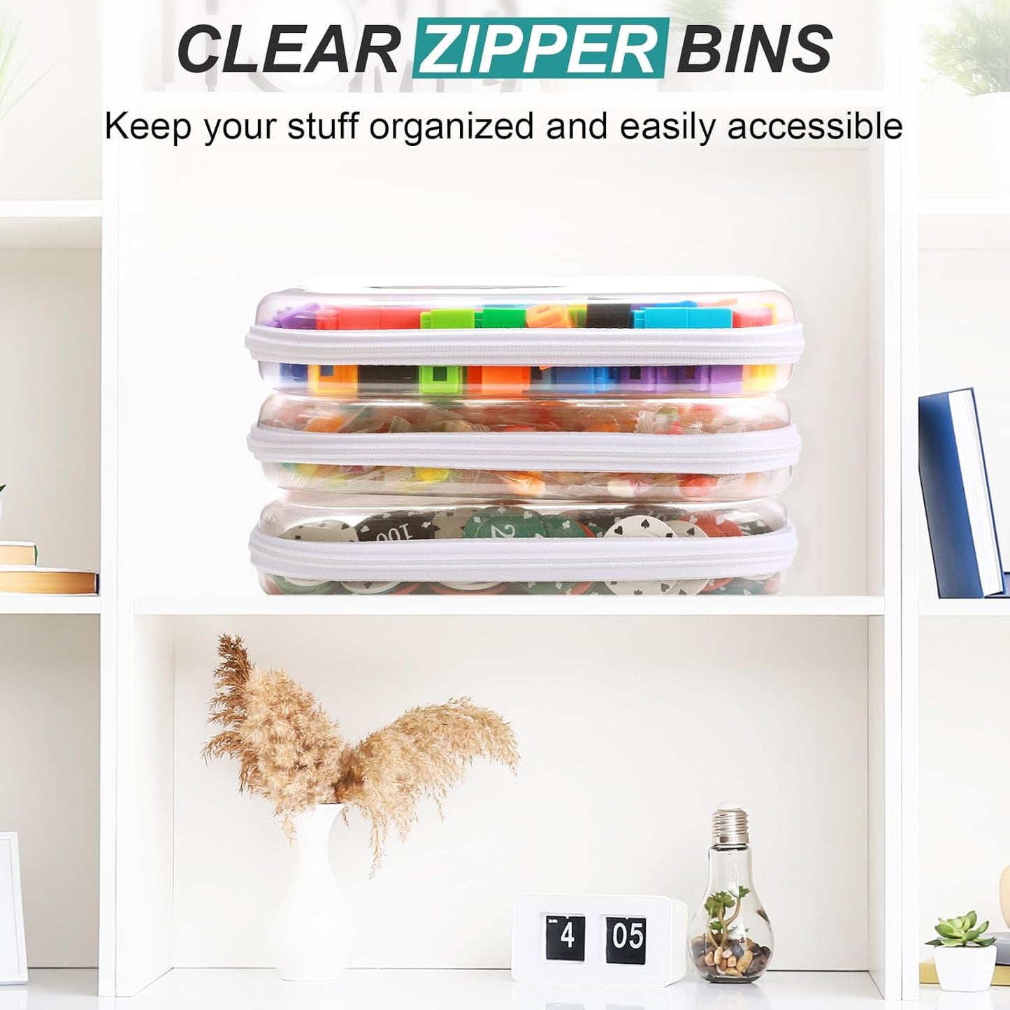 Hoolerry 3 Pcs Clear Hard Zipper Case Plastic Pouch Transparent Hard Case Clear Makeup Bag Portable Travel Organizer Bin for Cosmetics, Building Blocks, Puzzles(White,M)