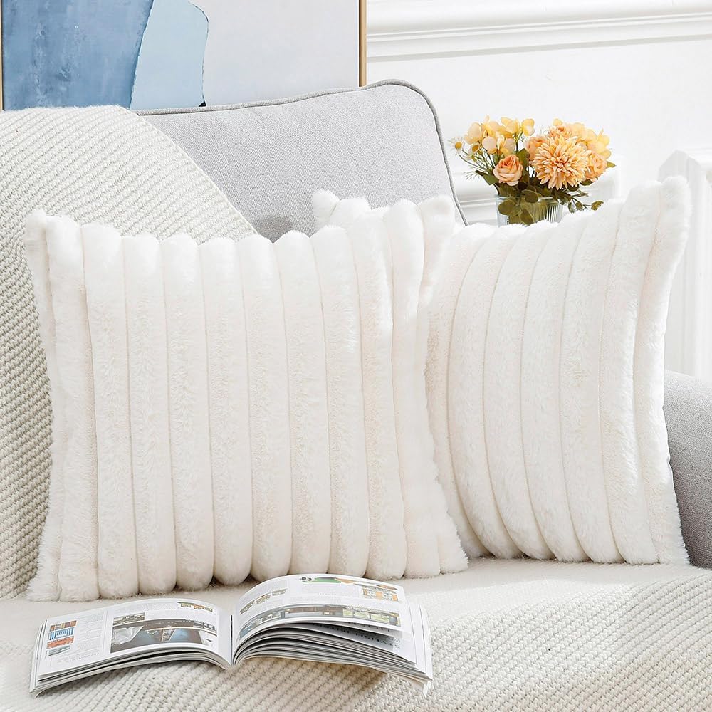 MADIZZ Set of 2 Faux Wool Plush Decorative Throw Pillow Covers 24x24 Inch Cream Fluffy Striped Soft Decorative Cushion Cover for Sofa Bedroom Pillow Shell