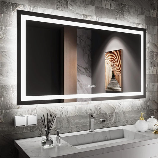 Amorho LED Bathroom Mirror 55" X30", Front Light and Backlit Vanity Mirror, Dimmable Bathroom Mirrors for Wall, Anti-Fog, Memory, 3 Colors, Double LED Lights, Shatter-Proof, ETL Listed