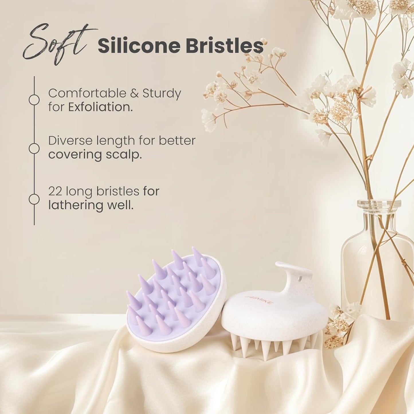 AIMIKE Silicone Bristle Shampoo Brush - Scalp Exfoliator for Hair Washing, Dandruff Removal, Growth Stimulation & Wet/Dry Usage