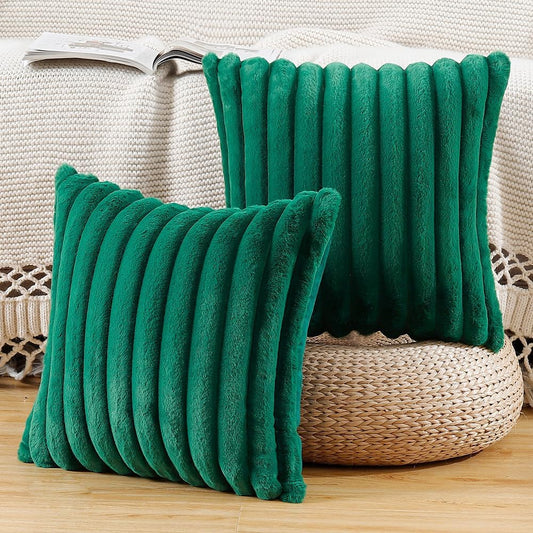 MADIZZ Set of 2 Faux Wool Plush Decorative Throw Pillow Covers 20x20 Inch Green Fluffy Striped Soft Decorative Cushion Cover for Sofa Bedroom Pillow Shell