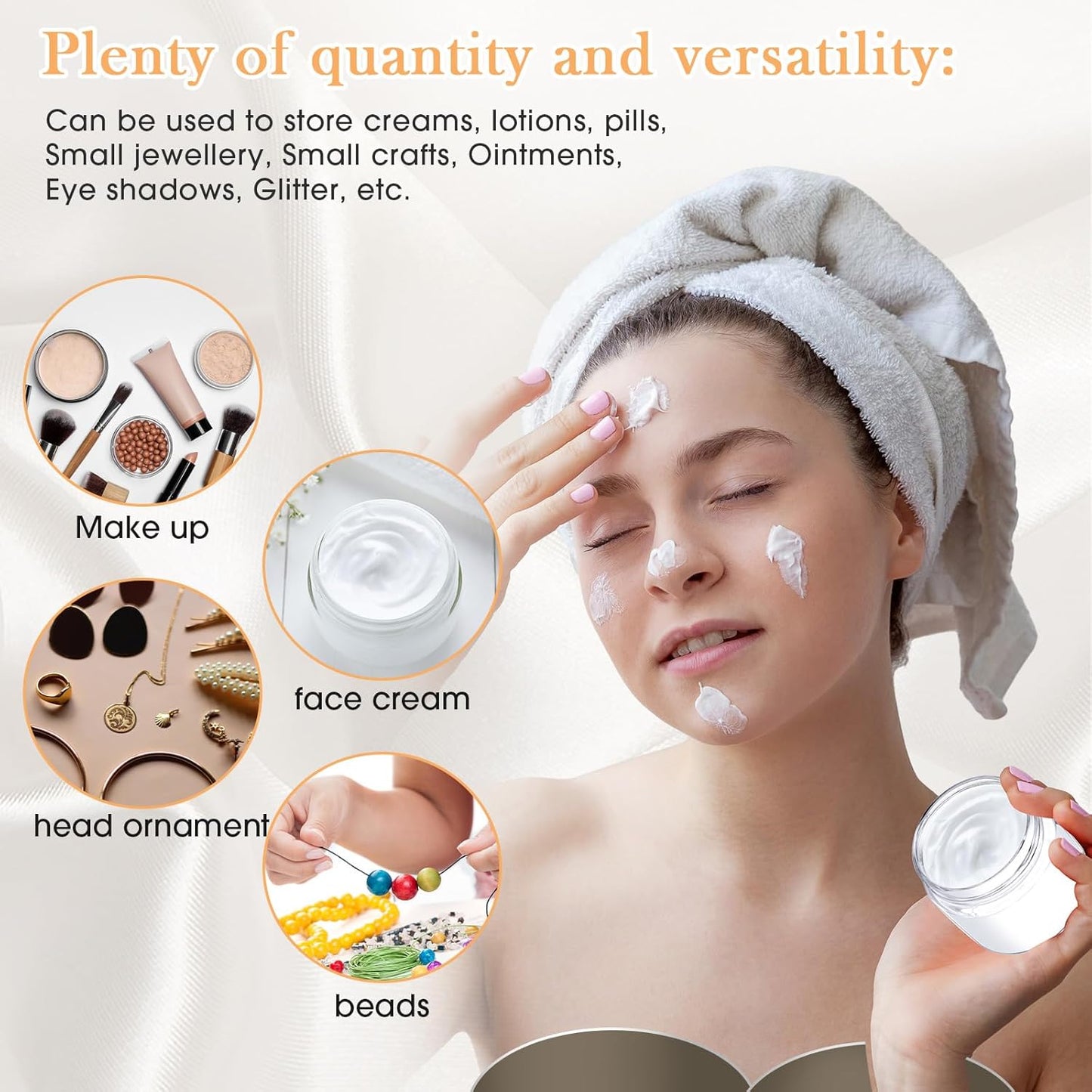 SATINIOR 100 Pcs Plastic Jars with Lids Small Containers Lids Wide Mouth Small Plastic Containers for Lotion Cream Rhinestones Body Butters Travel Storage(6 oz,White)