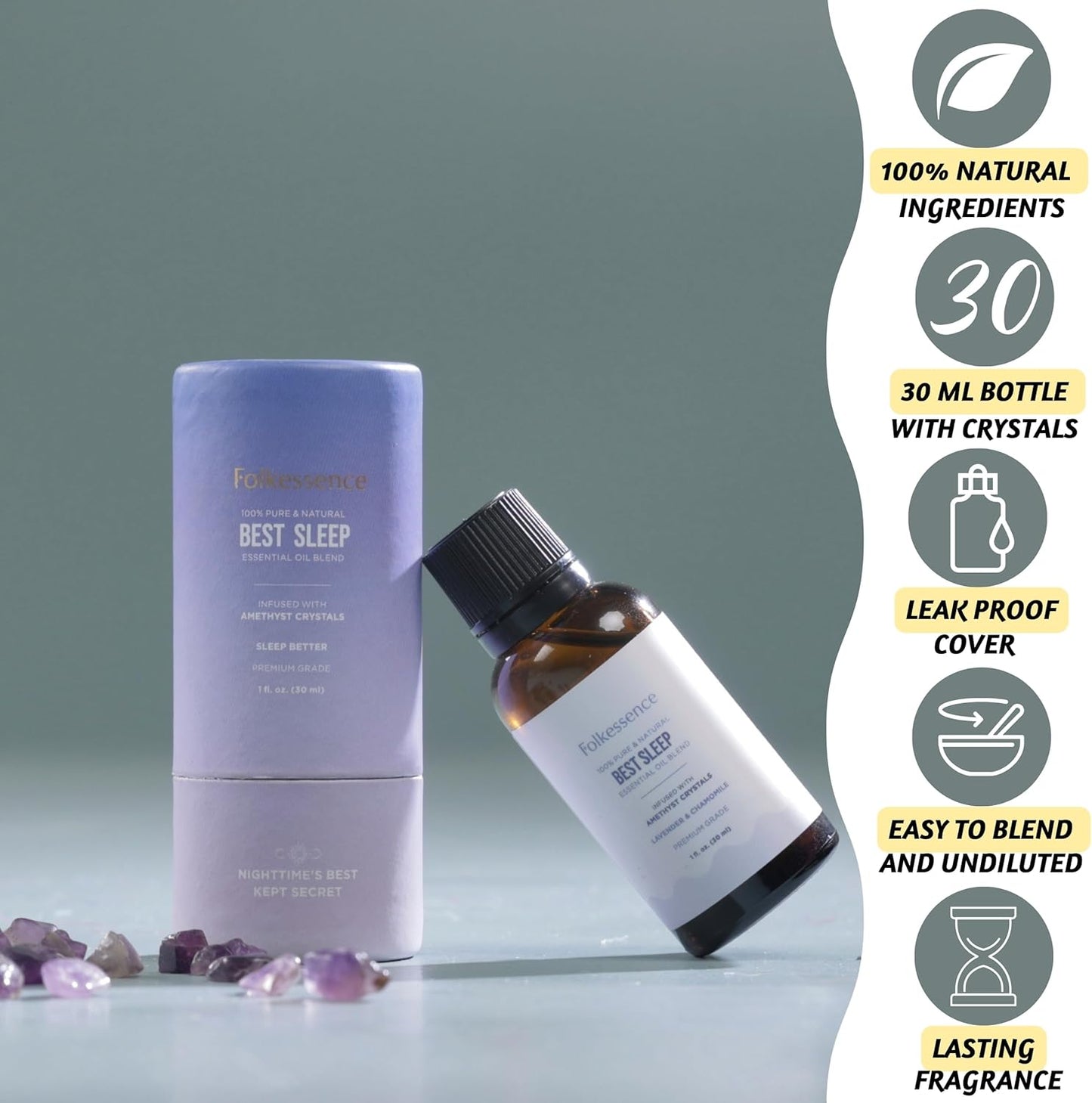 Folkulture Sleep Essential Oil Blends | 100% Pure & Natural 1 Fl. Oz. | Chamomile & Lavender Essential Oil Premium Grade | Infused with Amethyst Crystal for Diffusers for Home.