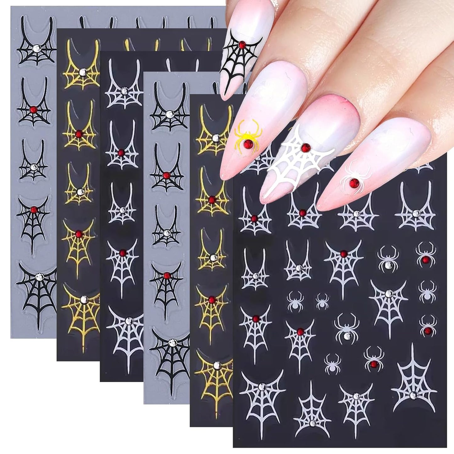 SILPECWEE 6 Sheets Halloween Nail Art Stickers, 3D Metal Nail Stickers Diamond Spider Web Nails Art Design Decal Manicure Sticker for Women Girl DIY Holiday Decoration