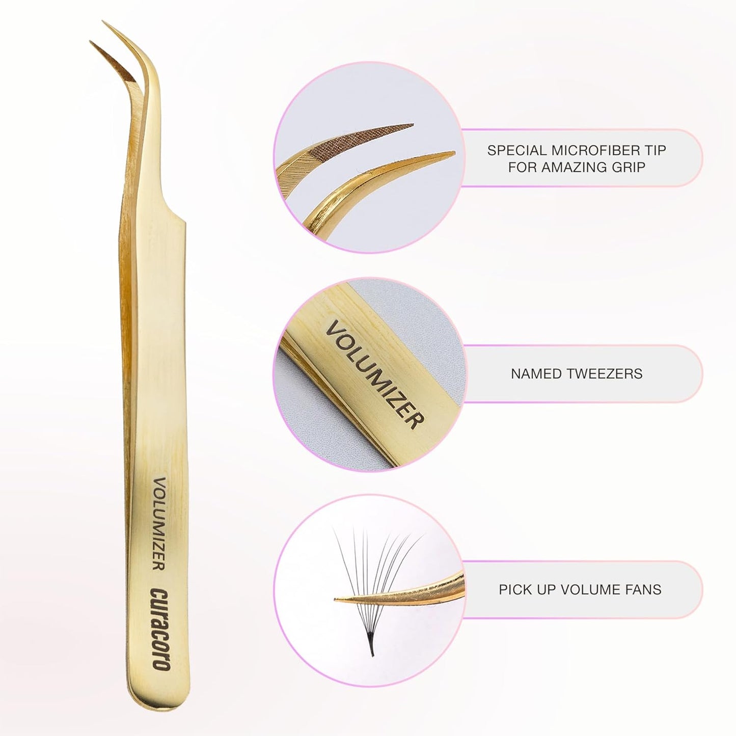 Curacoro Lash Tweezer - Professional & Precision Fiber Tip Grip Lash Tweezers for Eyelash Extensions, Multi Shapes & Purposes Tweezers for Volume, Isolation & Classic Lashes (Gold, Volumizer)