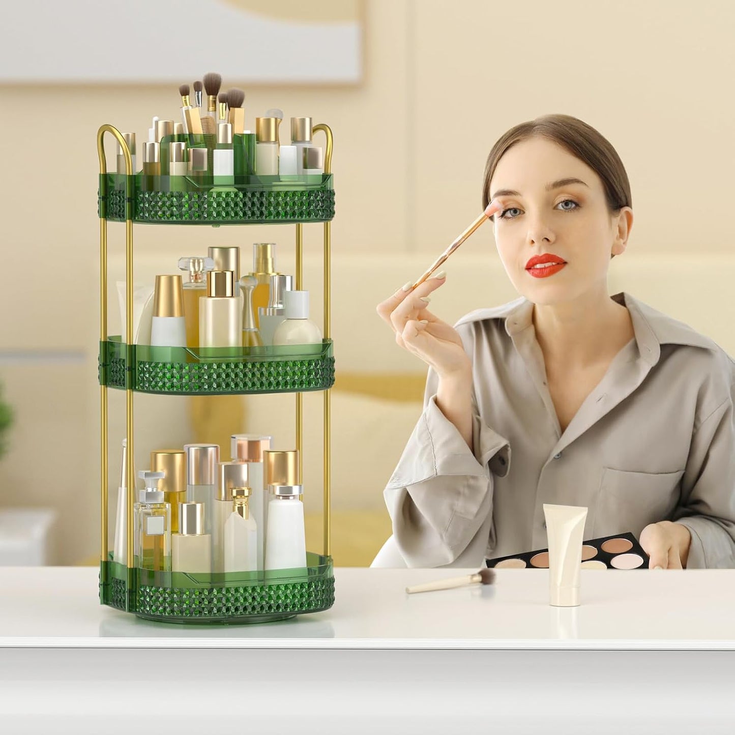 Rotating Makeup Organizer for Vanity 3 Tier, Perfume Organizer with Makeup Brush Holder, Large Capacity Cosmetics Clear Skincare Organizer for Countertop (Green)